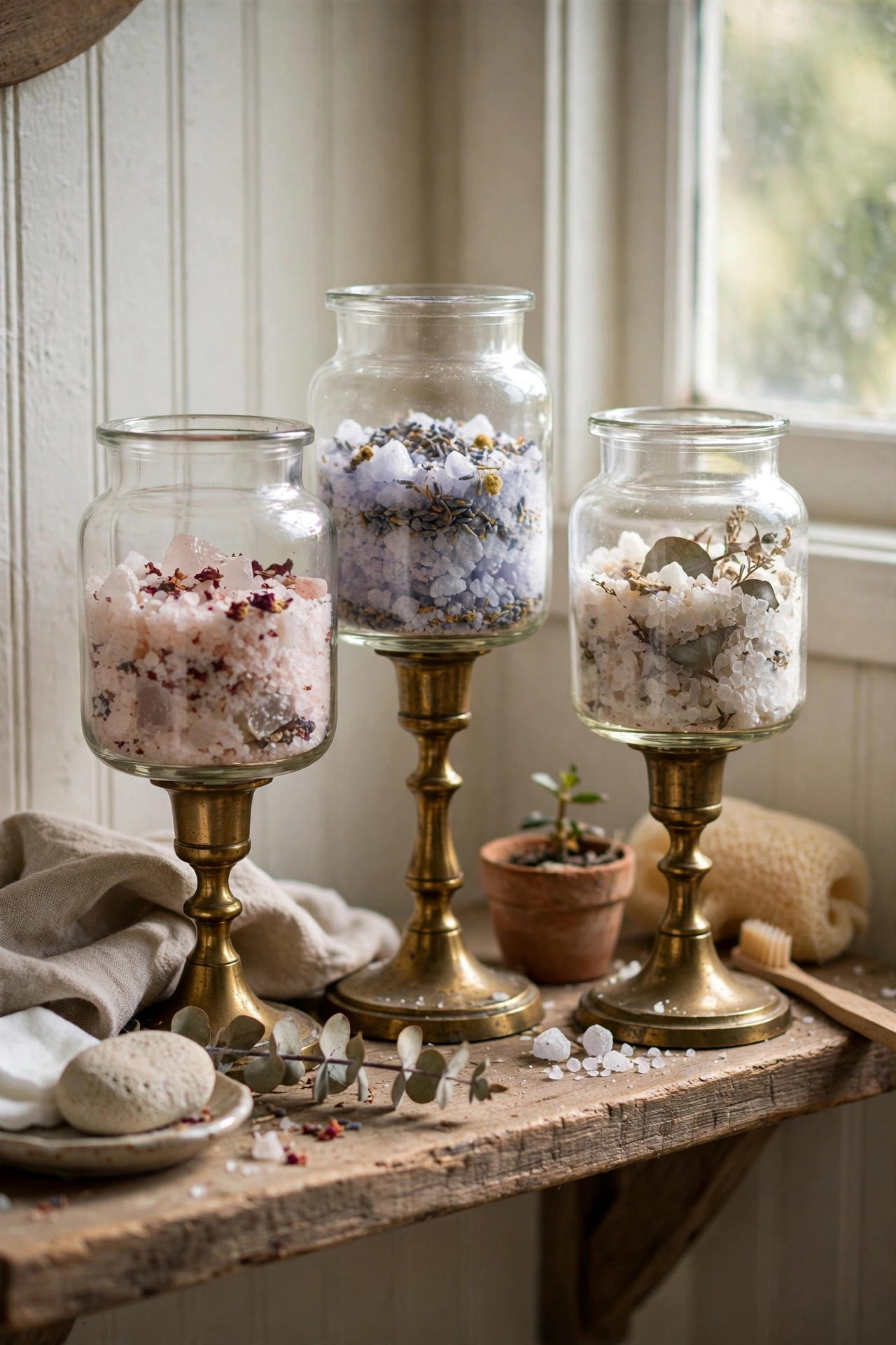Faux apothecary jars made from dollar store candle holders filled with bath salts, diy decor