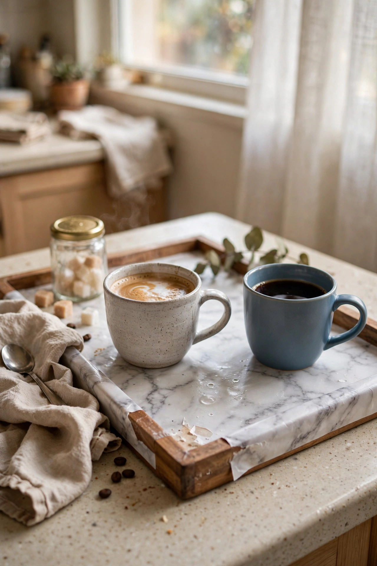 Wooden serving tray covered in marble-effect contact paper with coffee cups, dollar store diy
