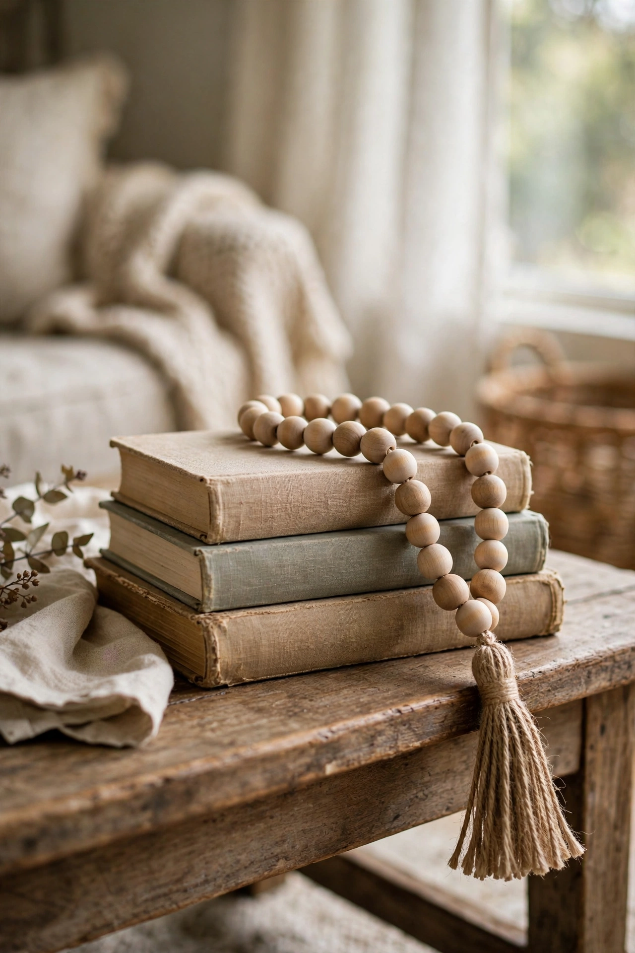 Wooden bead garland with jute tassel draped over books on a coffee table, diy farmhouse decor