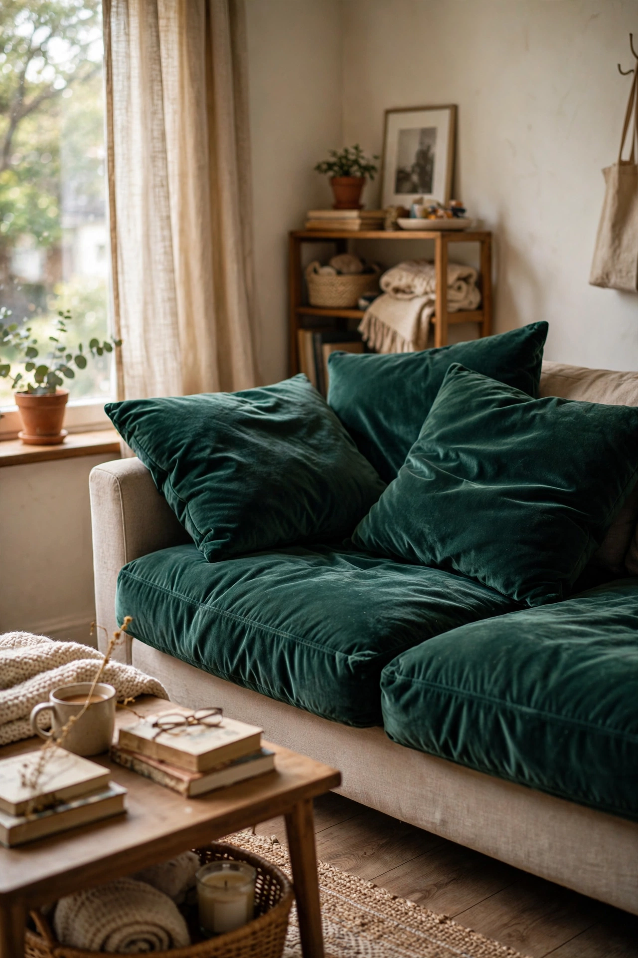 Sofa cushions recovered in deep emerald velvet-look fabric, dollar store diy makeover