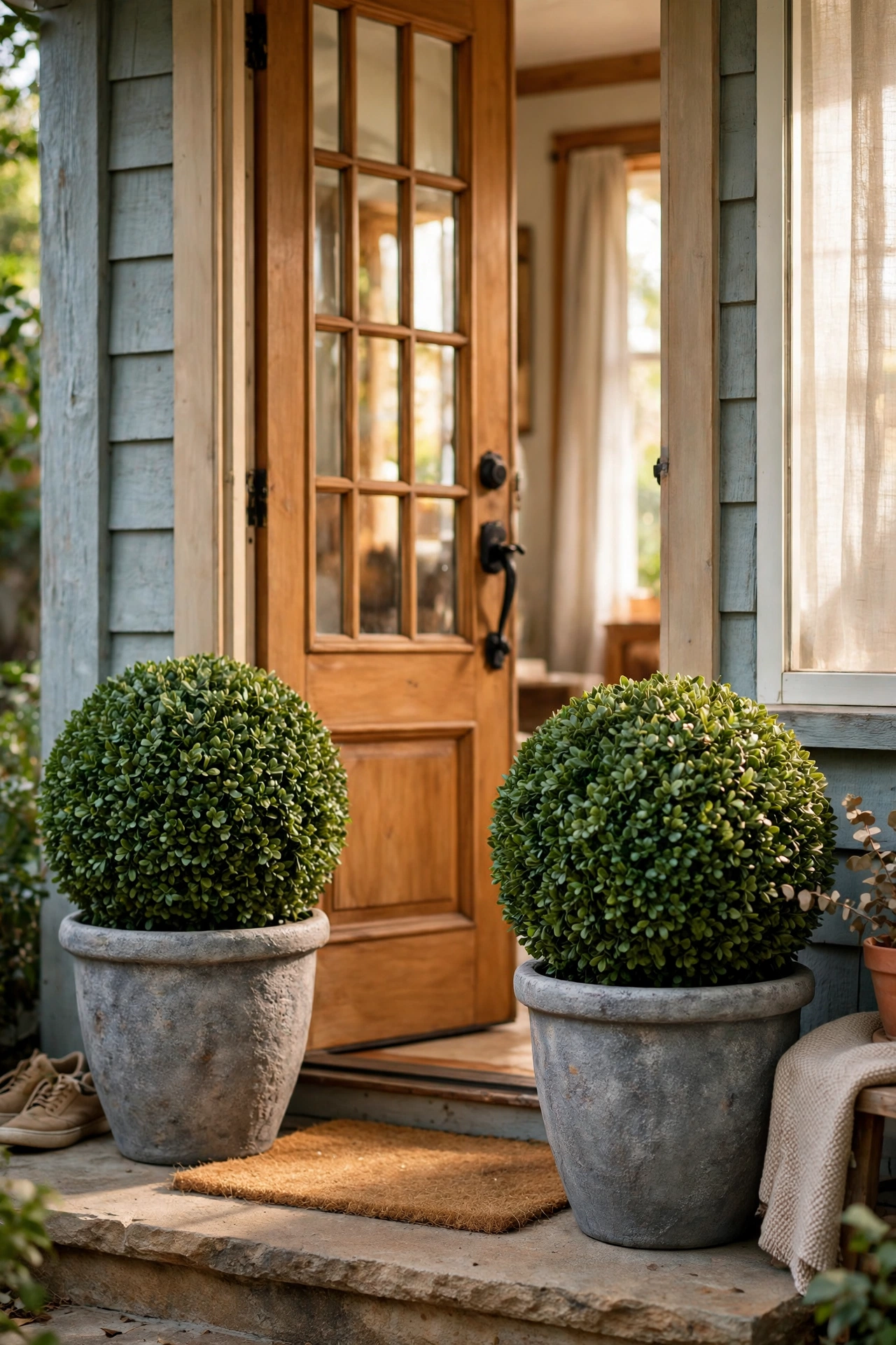 Pair of faux boxwood topiaries in stone-effect pots flanking a front door, dollar store diy