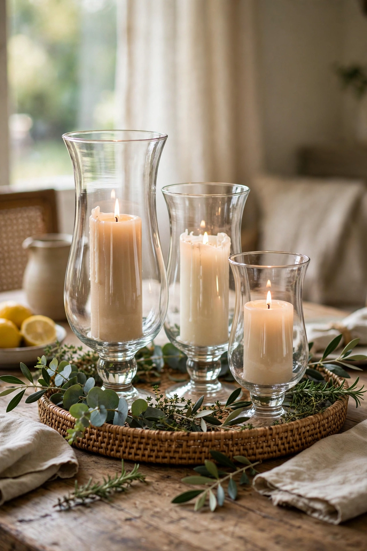 Glass hurricane candle holders with pillar candles grouped on a dining table tray, diy decor