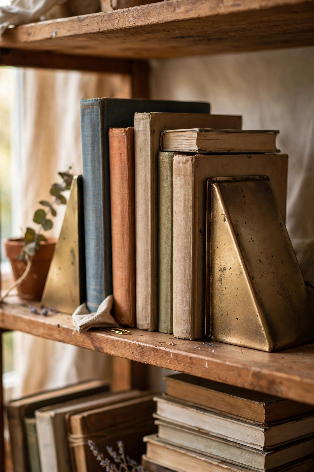 Resin bookends spray-painted metallic brass on a bookshelf, dollar store diy makeover