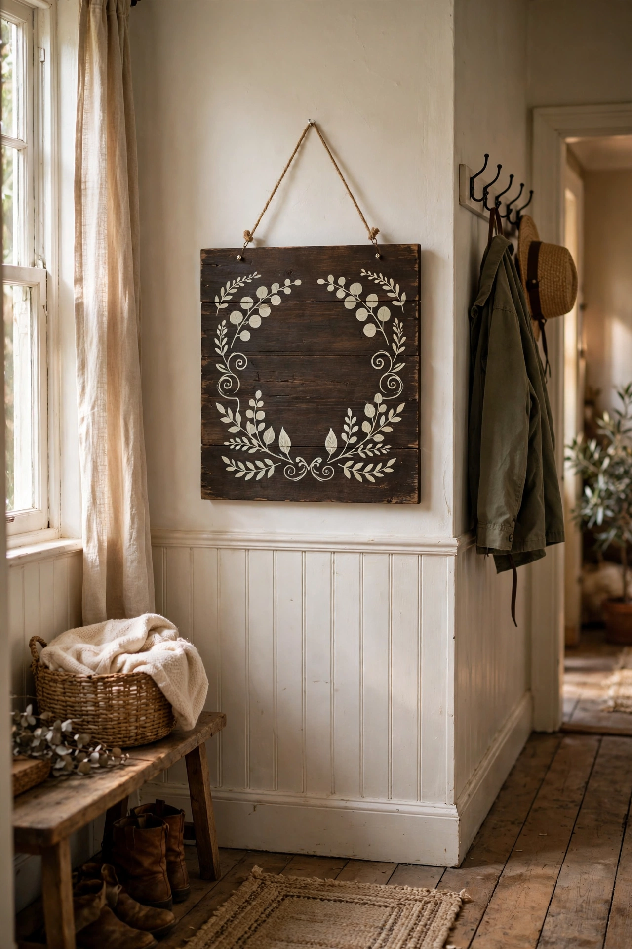 Wooden farmhouse sign with hand-lettered family name in a hallway, dollar store diy