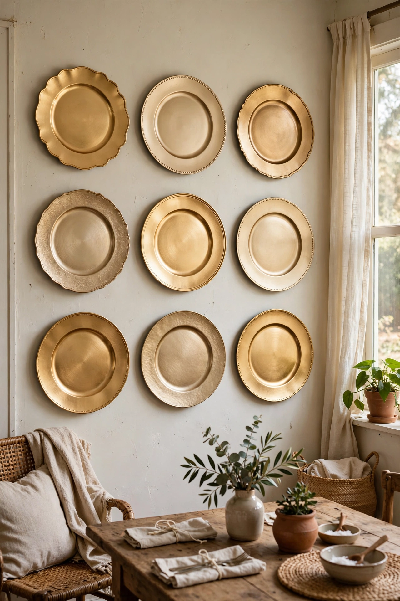 Grid of gold charger plates hung as wall art in a dining room, dollar store diy