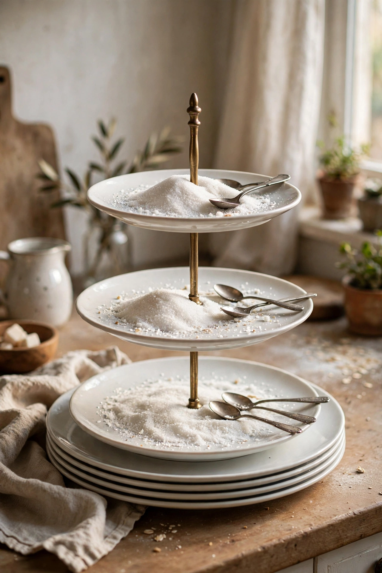 Three-tiered tray made from stacked plates holding coffee station items, dollar store diy