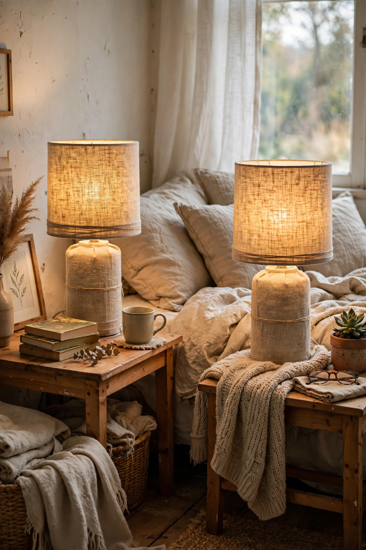 Bedside lampshades wrapped in oatmeal linen-look fabric glowing warmly, diy shade makeover