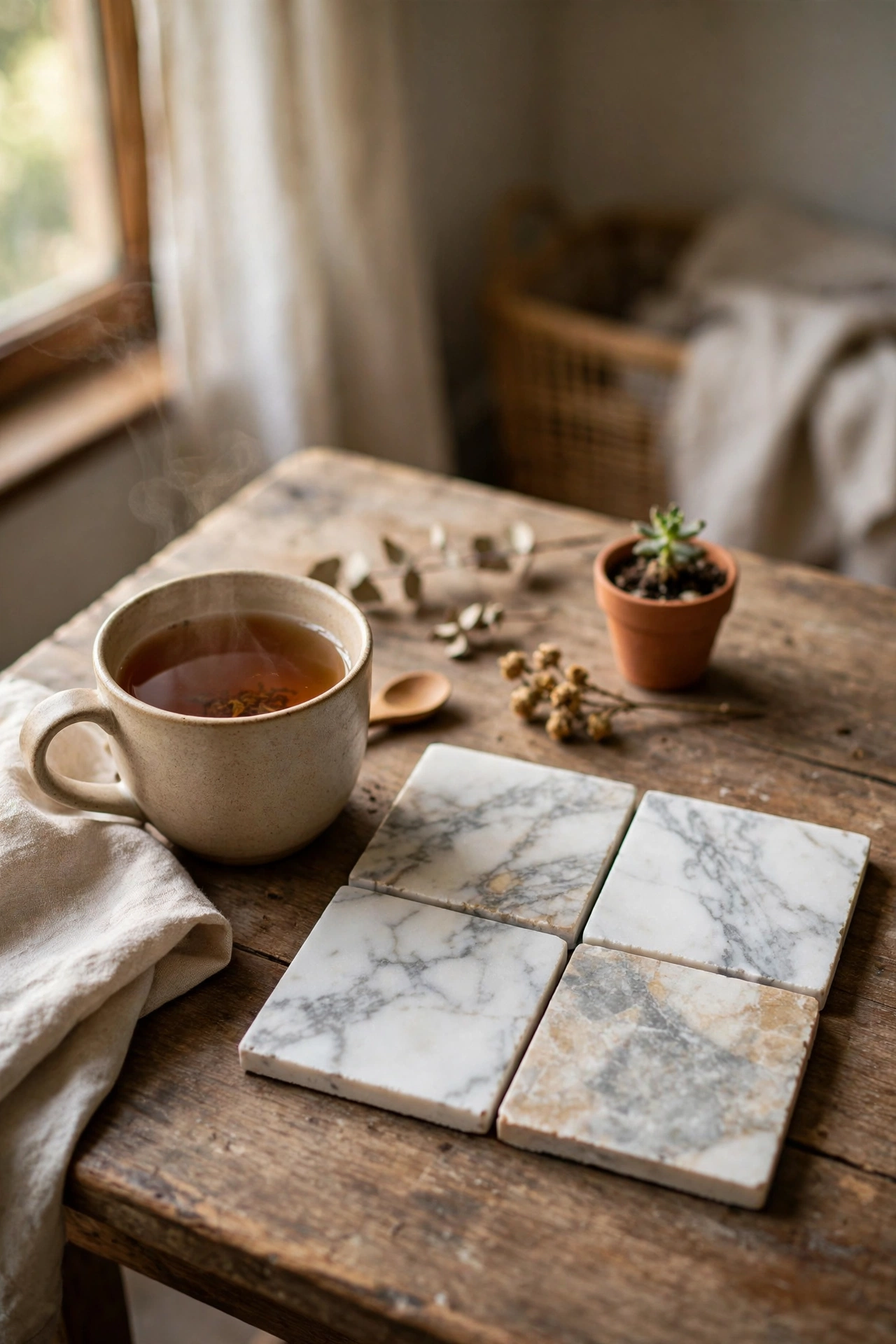 Marble-look coasters made from tiles with felt pads beside a cup of tea, dollar store diy