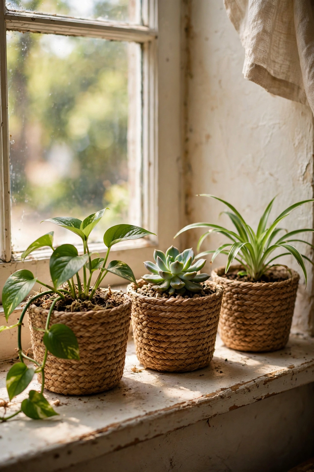 Houseplants in small seagrass basket planters lined on a windowsill, dollar store diy