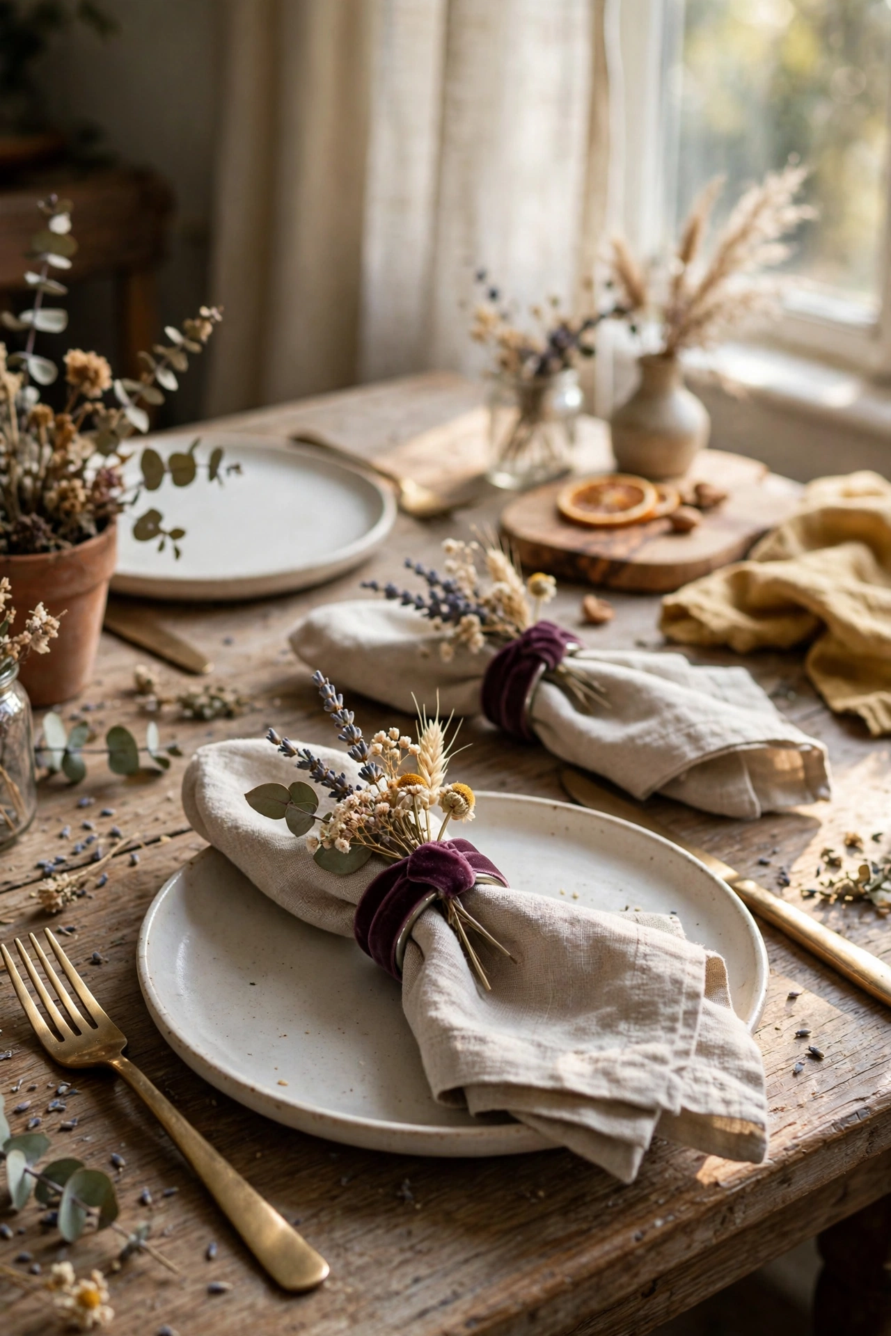 Napkin rings made from ribbon-wrapped rings with dried flowers on a dinner table, diy decor