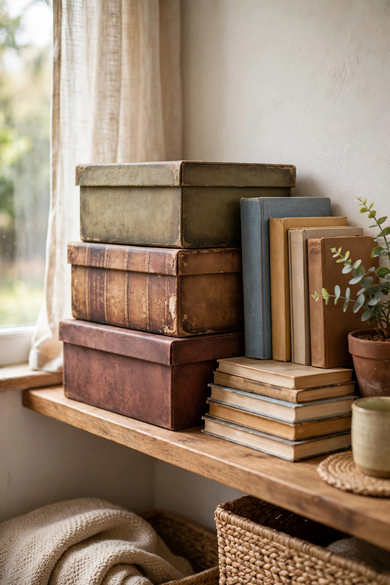 Faux vintage books that are secretly storage boxes stacked on a living room shelf, diy decor
