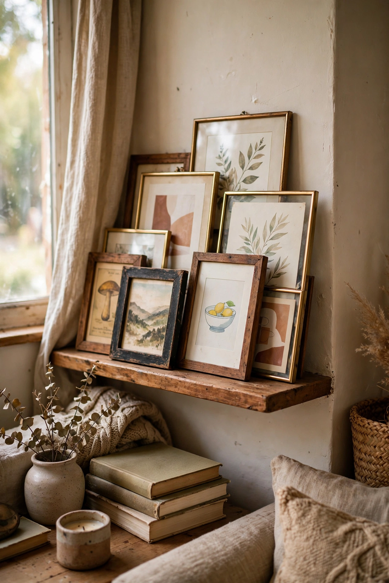 Picture ledge with layered thrifted frames and small art prints in a living room, diy gallery
