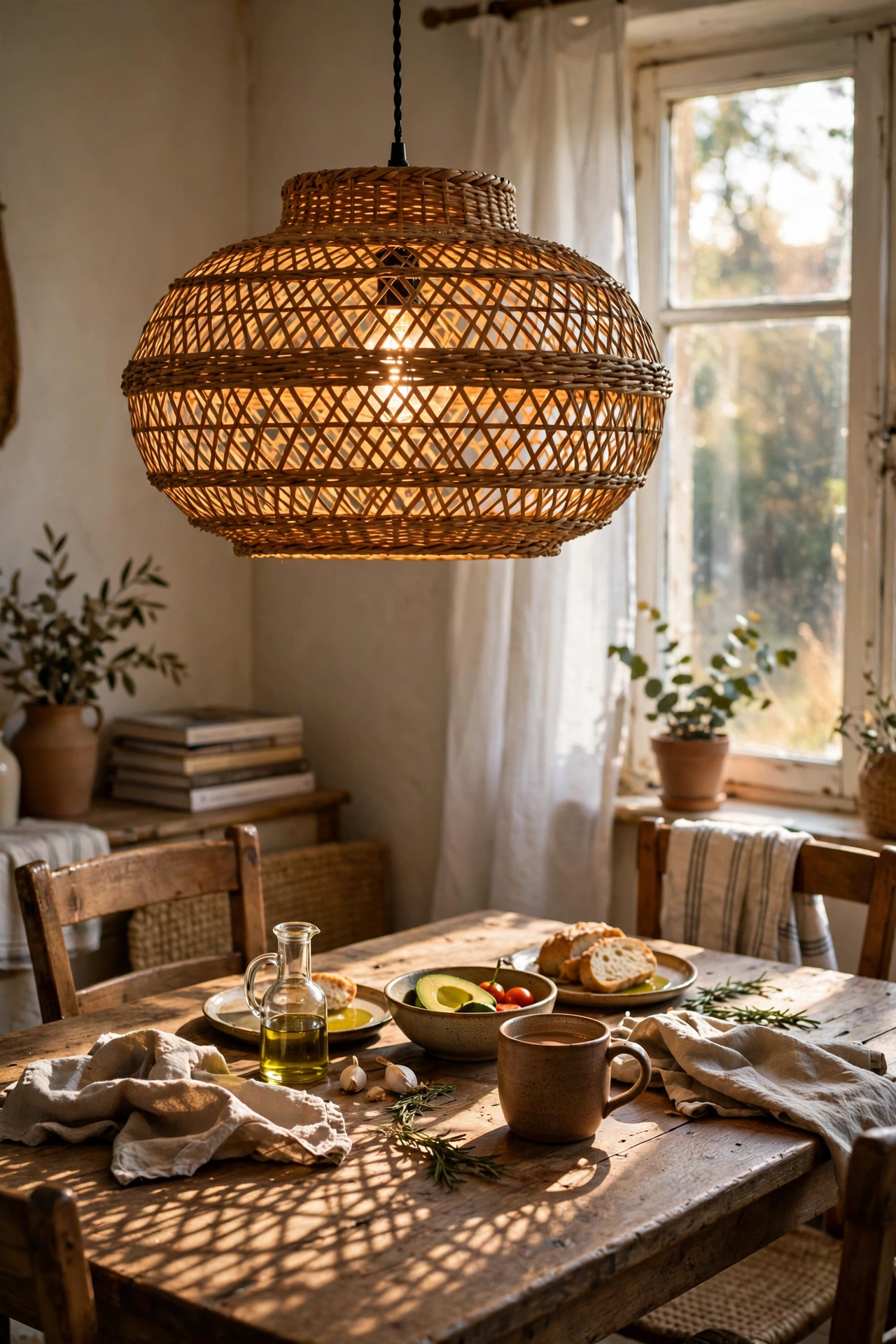 Basket pendant light shade with open weave over a dining table, dollar store diy lamp