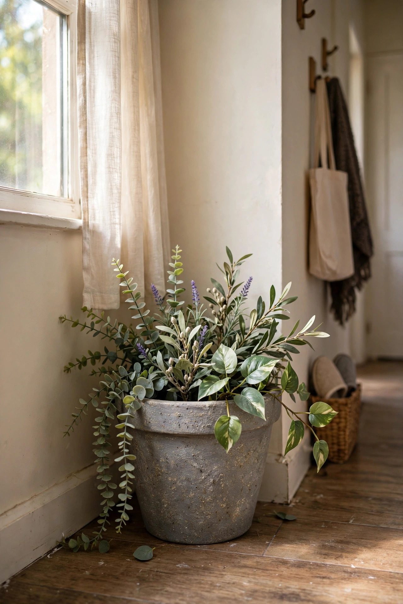 Realistic faux plant arrangement in a stone-effect pot in a hallway corner, dollar store diy