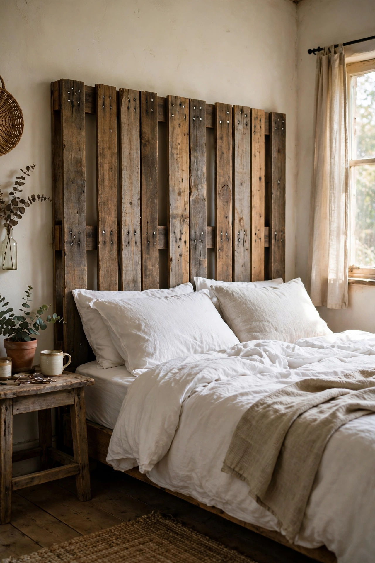 DIY headboard made from reclaimed pallet planks mounted behind a bed