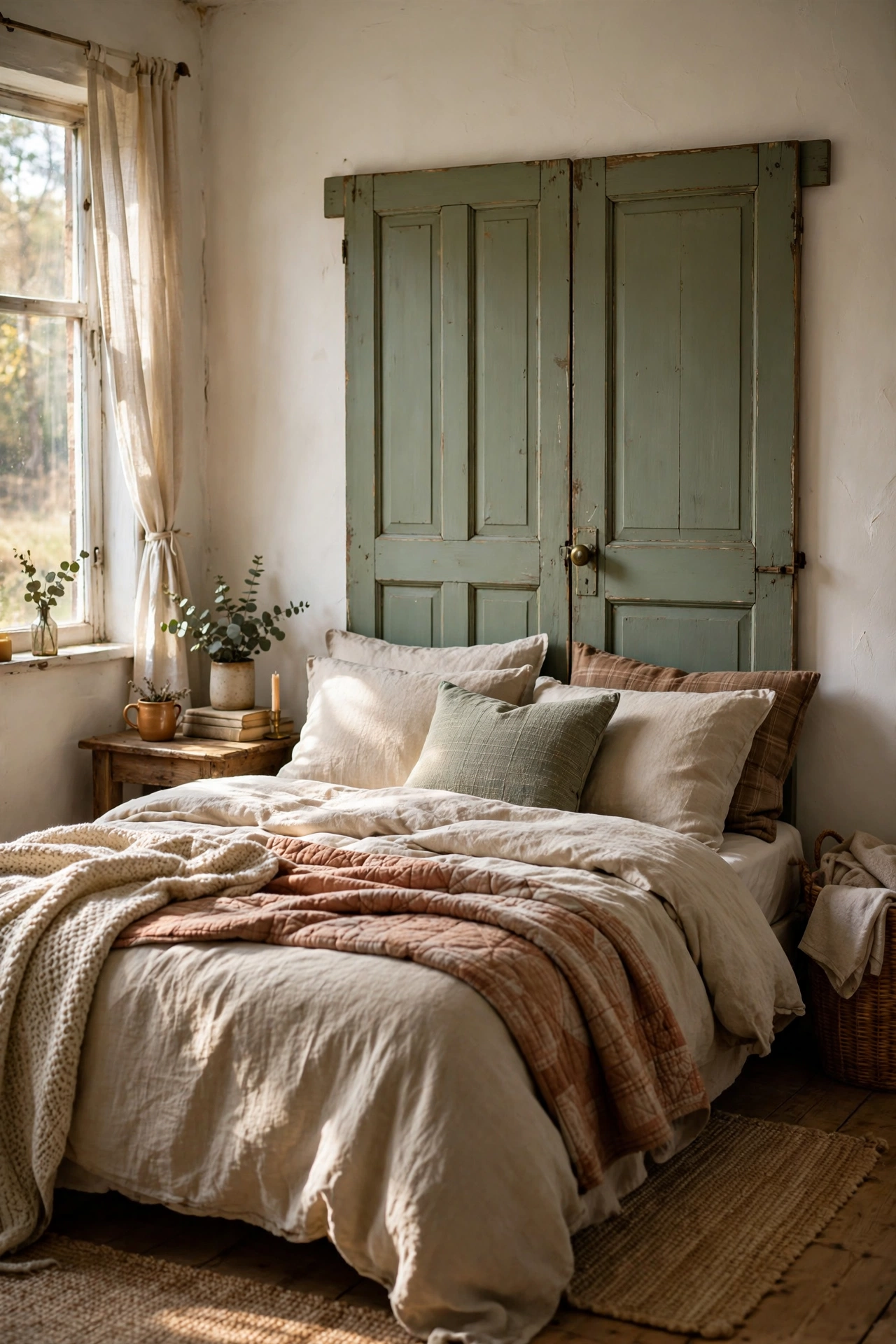 Salvaged four-panel wooden door painted as a DIY headboard behind a bed