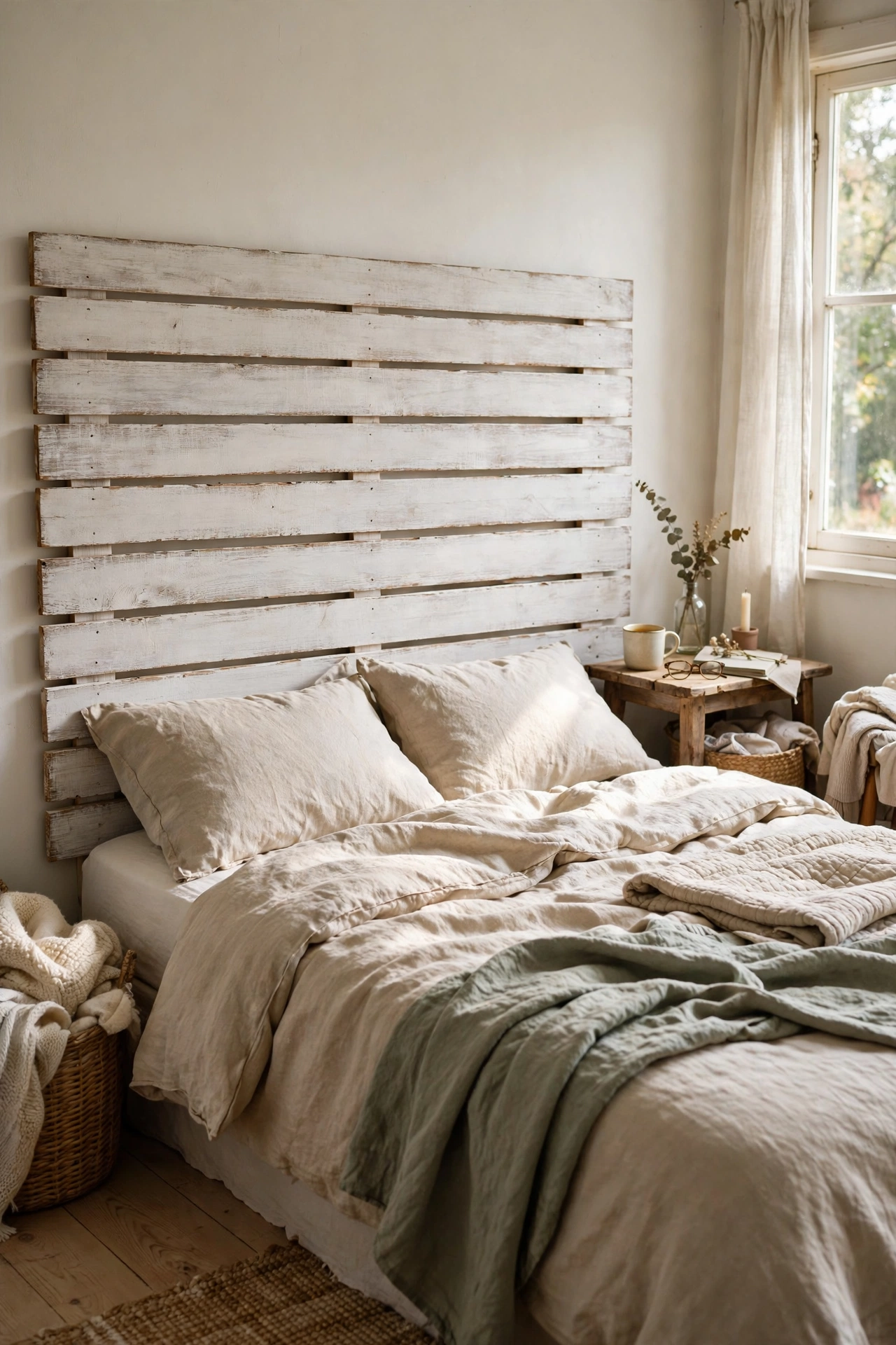 Horizontal fence board DIY headboard in whitewash behind a neutral bed