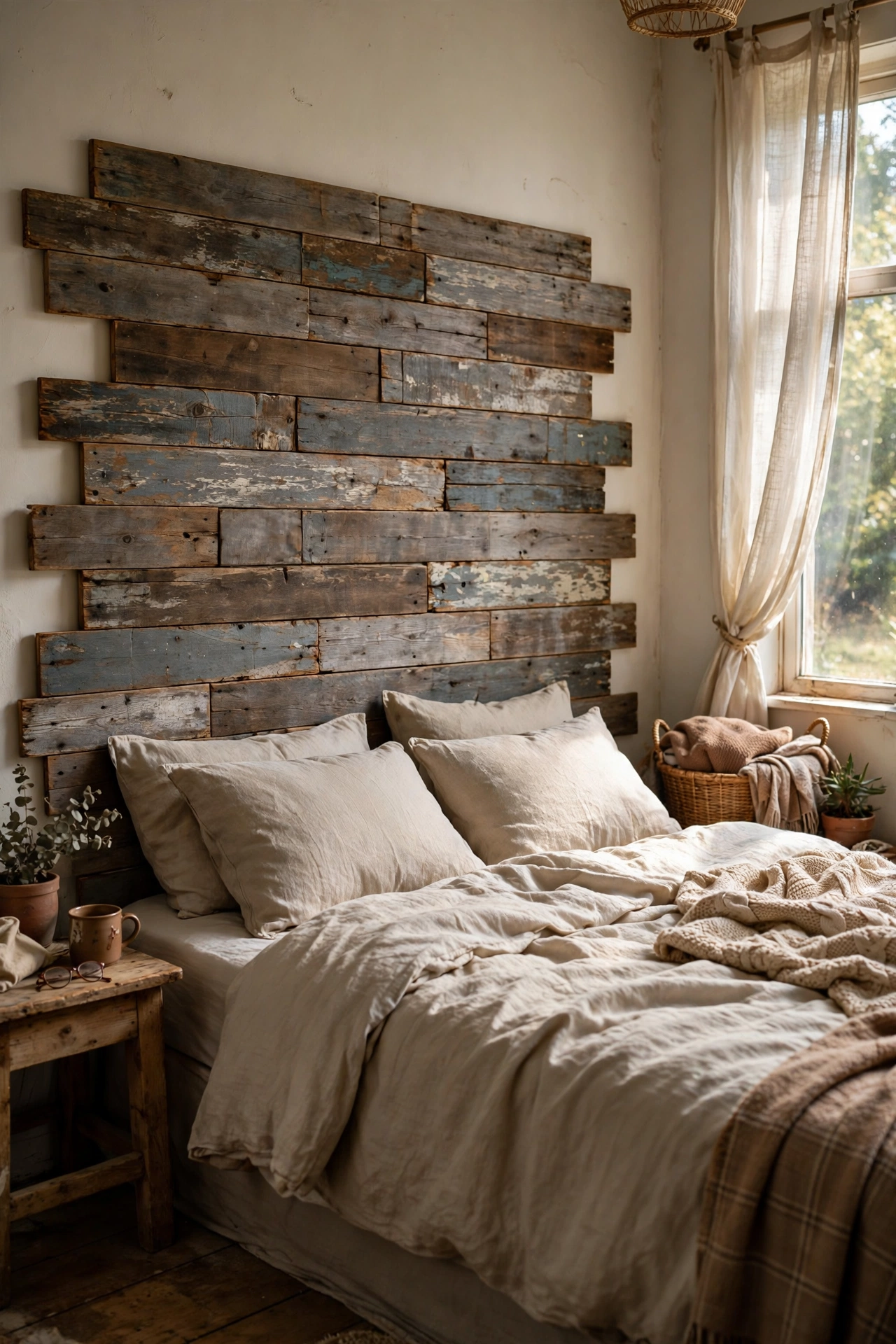 DIY headboard from staggered salvaged floorboards with aged patina