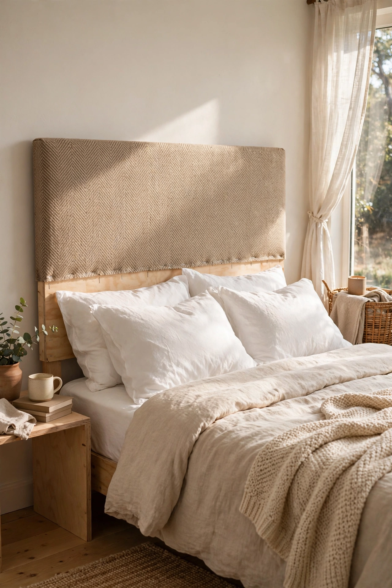 No-sew upholstered DIY headboard in herringbone fabric on plywood