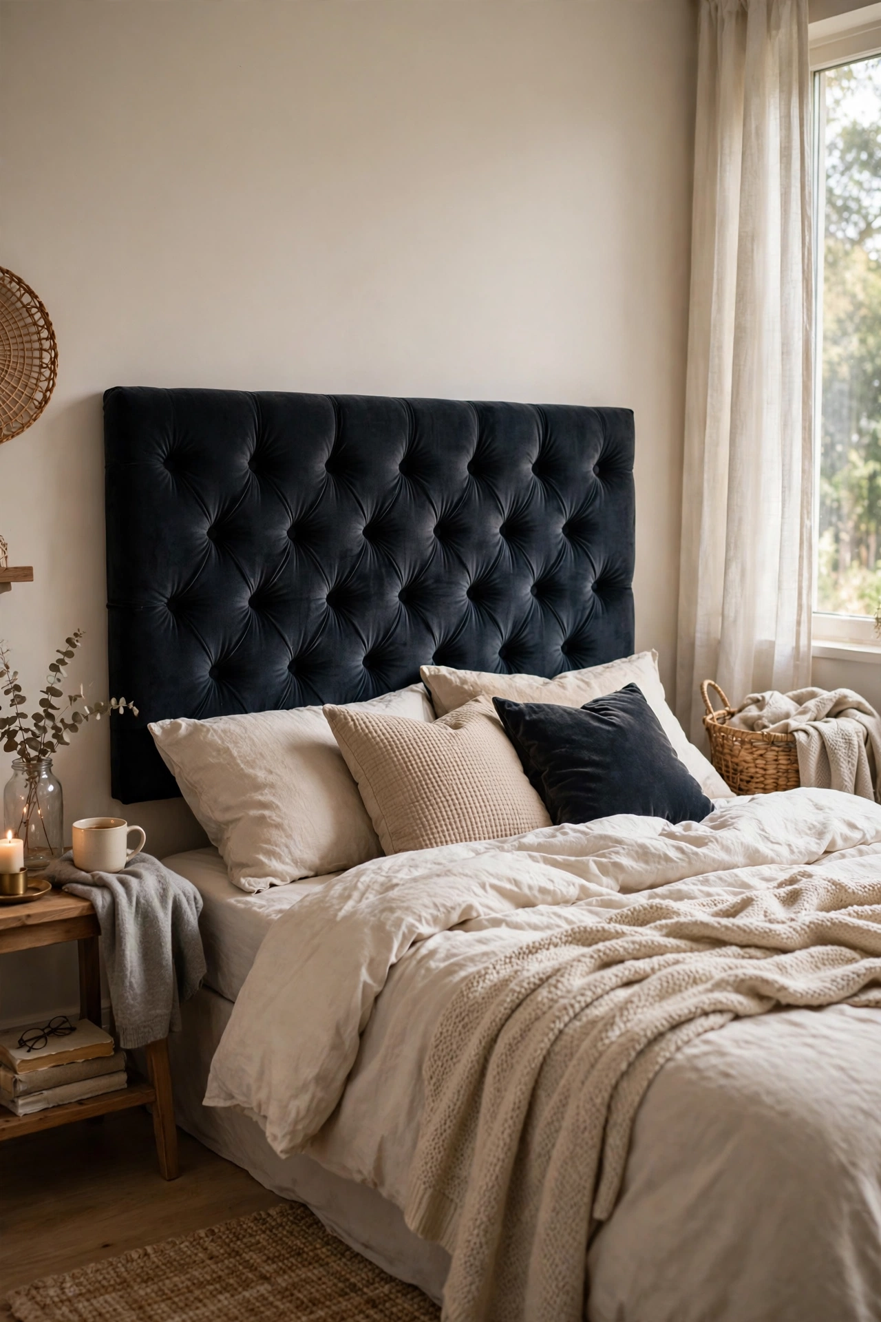 Deep-button tufted DIY headboard in velvet-effect fabric behind a bed