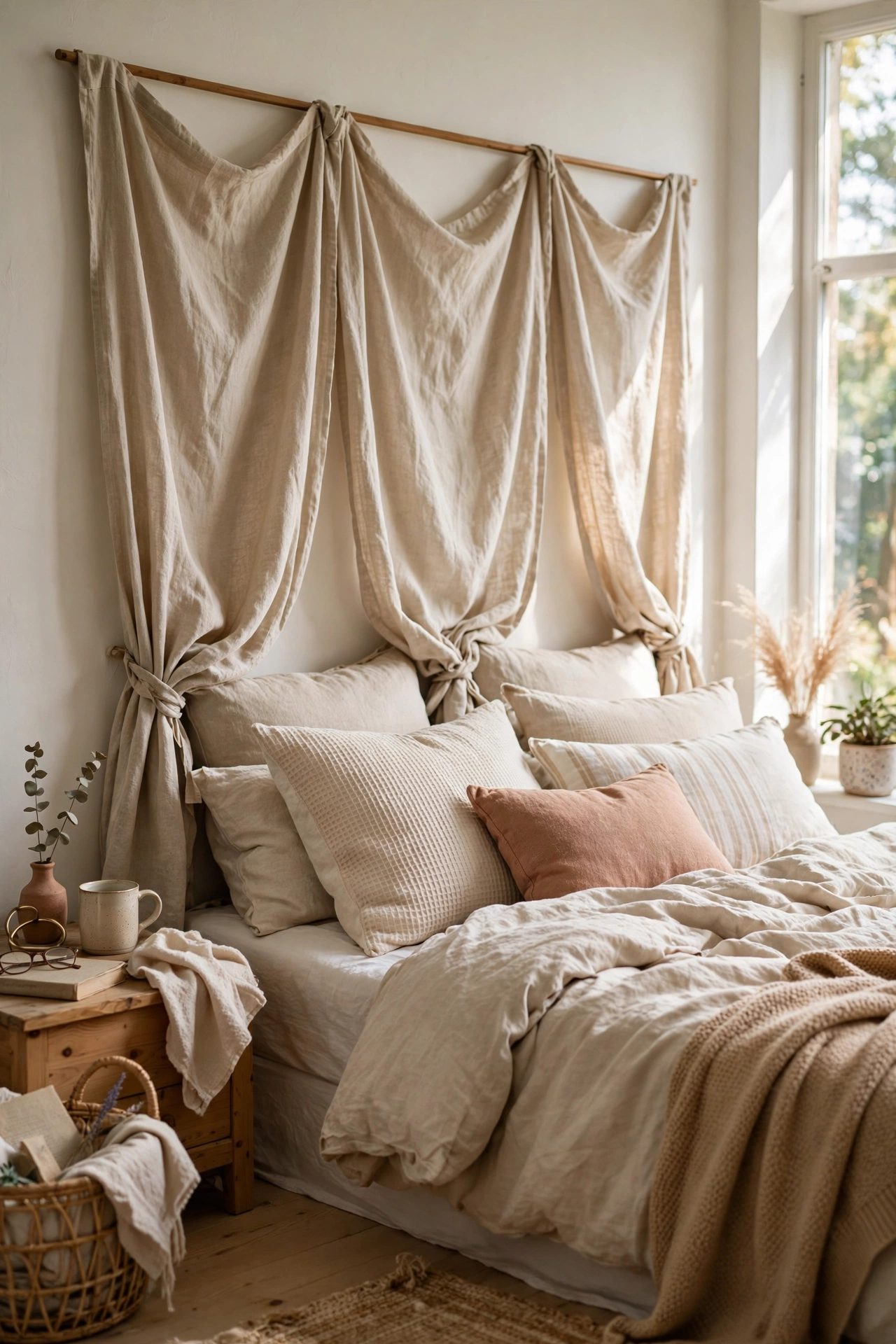 Linen-look curtain panels hung as a soft DIY headboard behind pillows