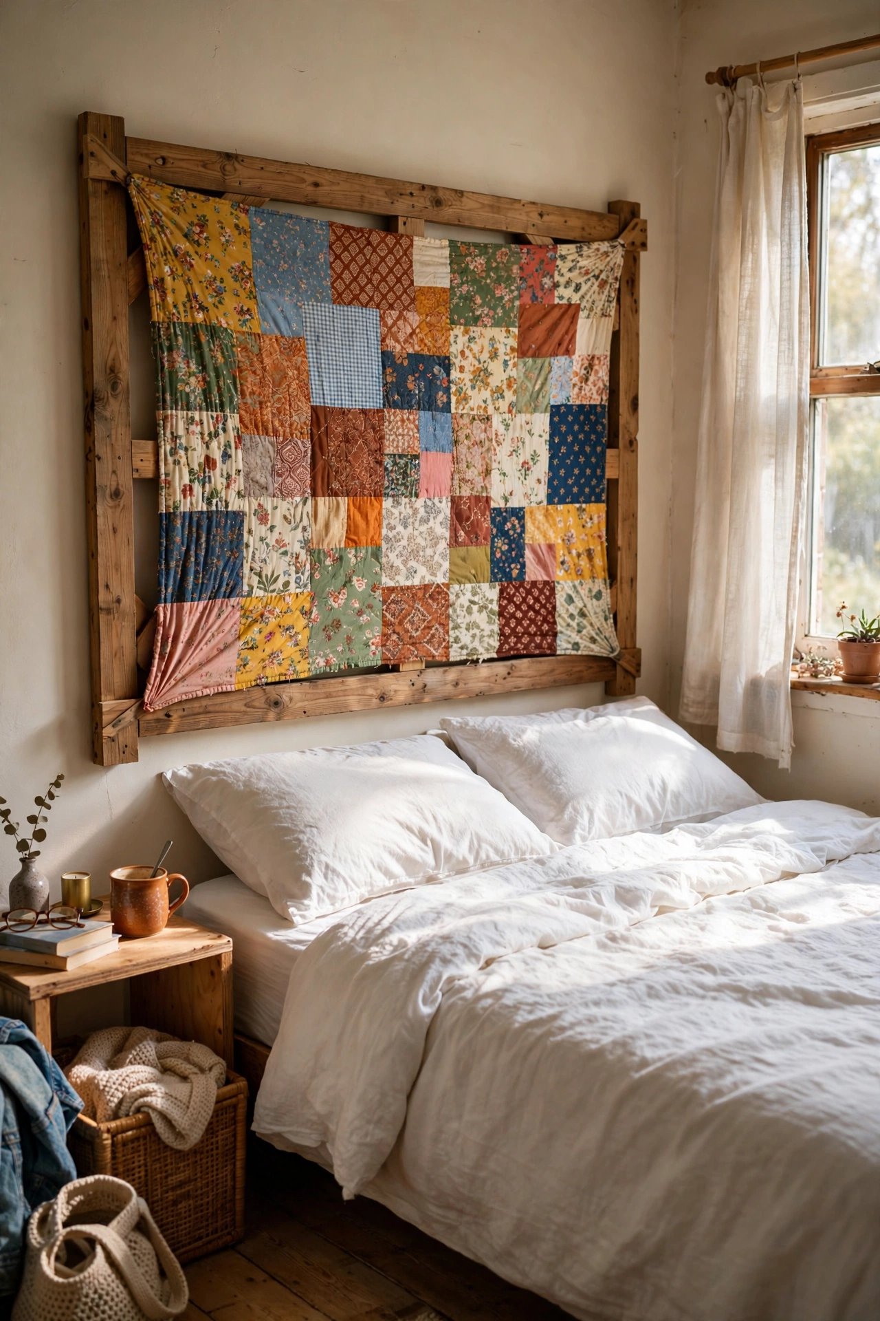 Patchwork quilt stretched over a frame as a DIY headboard