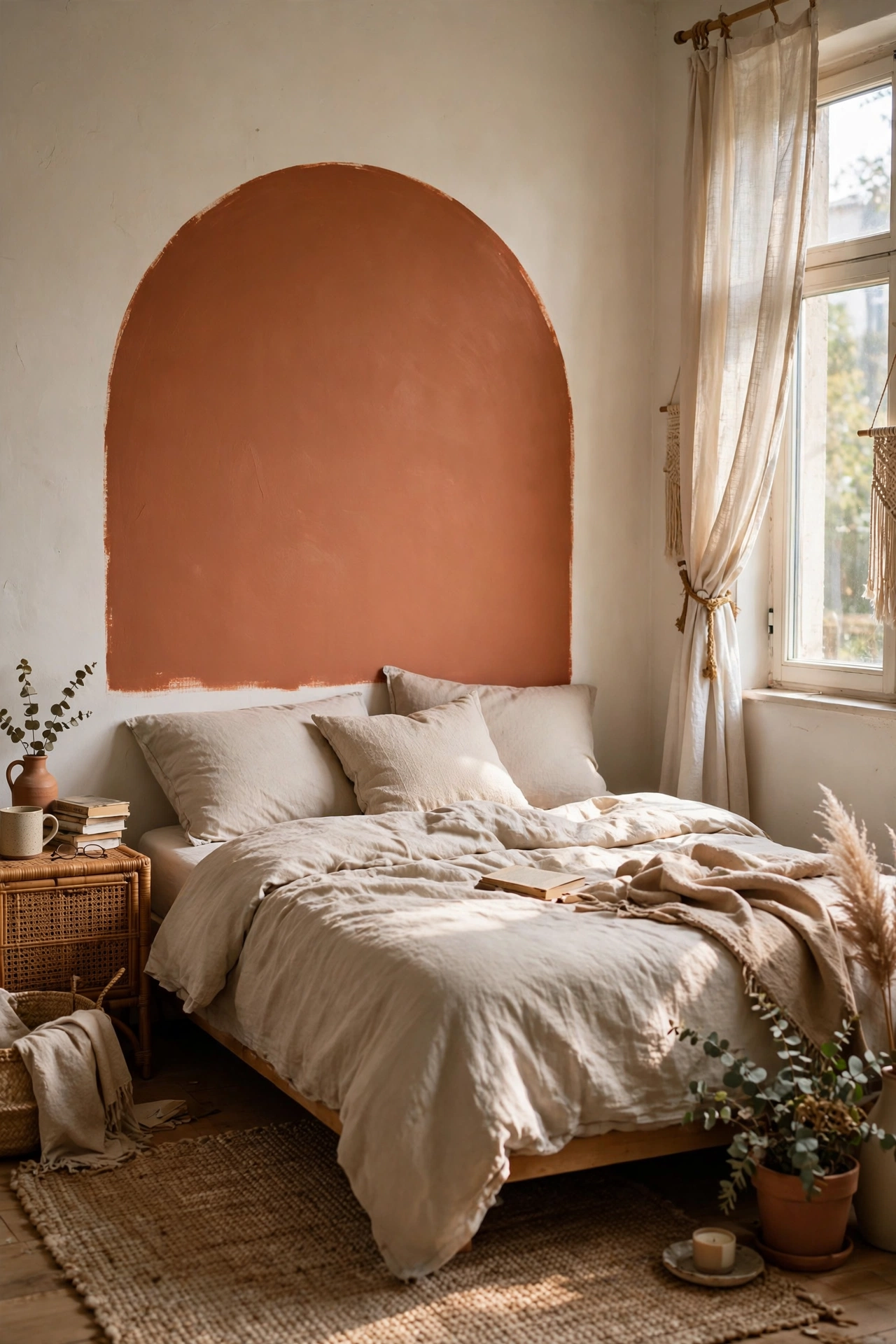 Terracotta painted arch on the wall as a DIY headboard behind a bed
