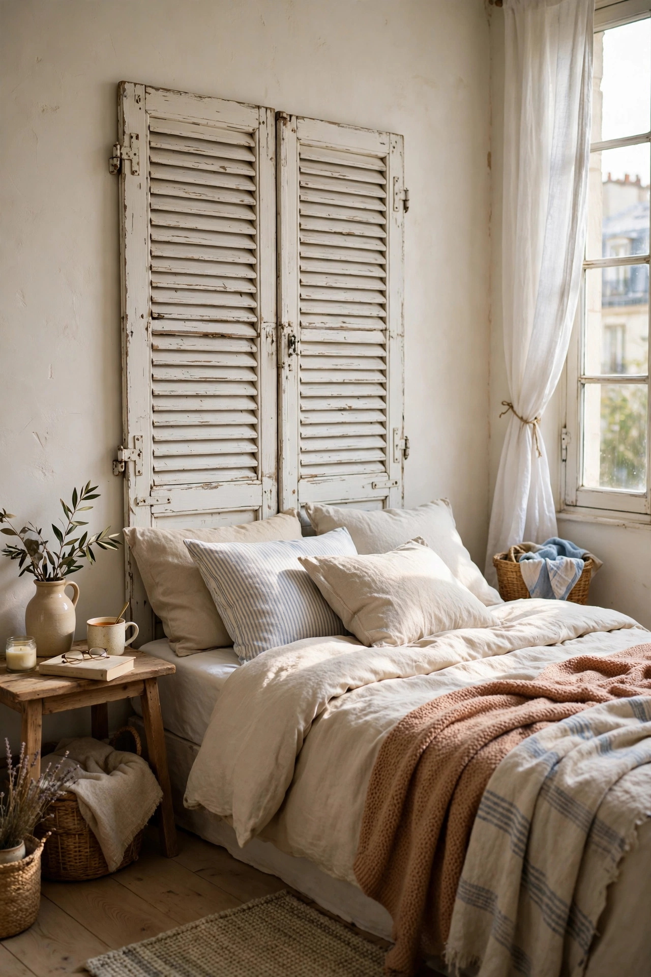 Pair of vintage wooden shutters painted white as a DIY headboard