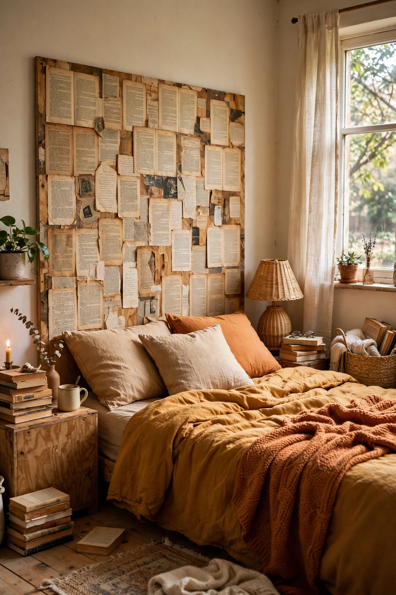 Book page collage decoupaged on plywood as a DIY headboard
