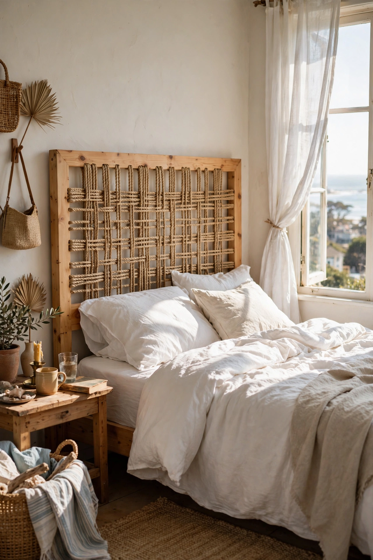 Woven sisal rope stretched on a timber frame as a DIY headboard