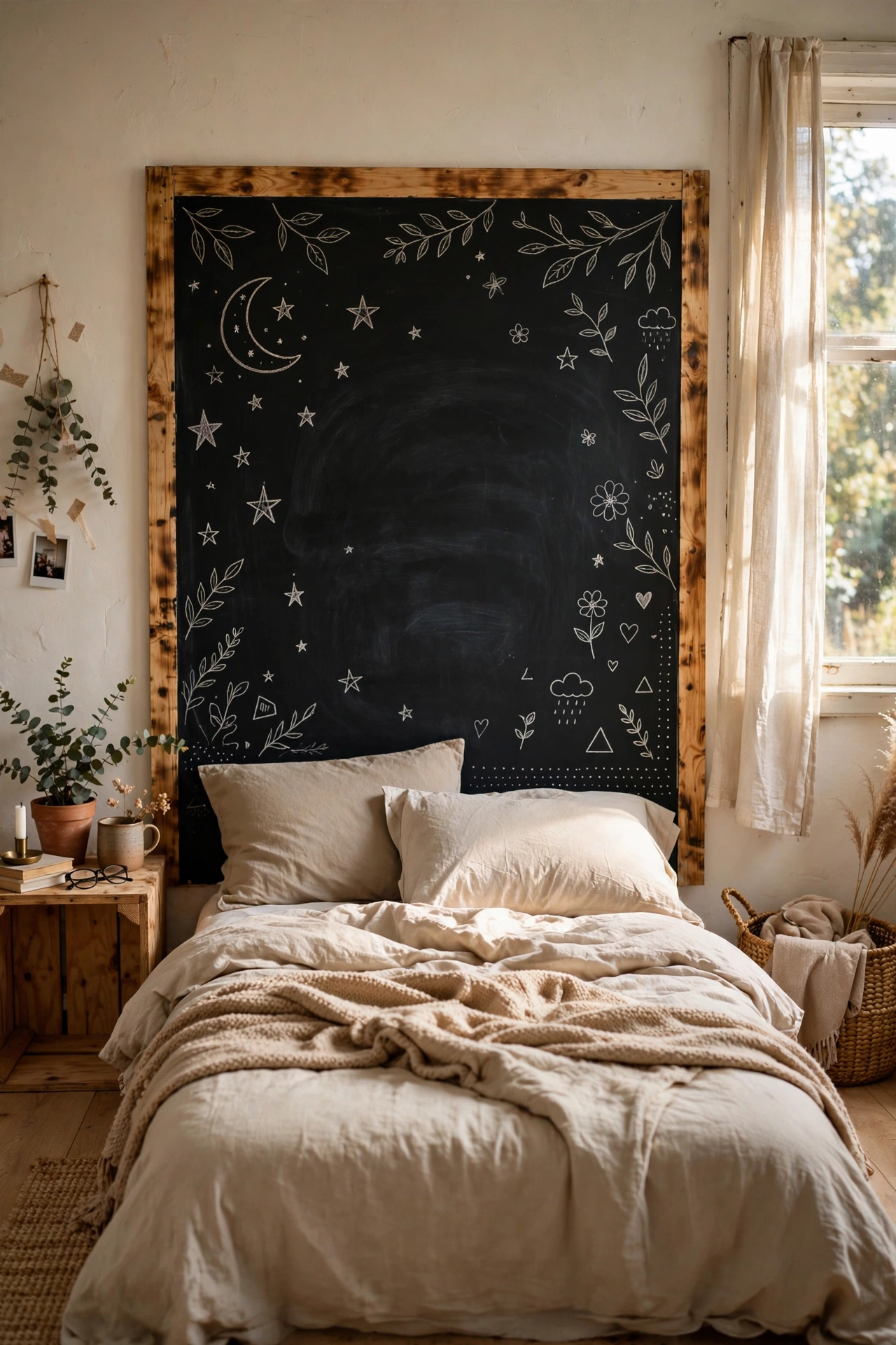 Black chalkboard headboard with chalk doodles behind a bed