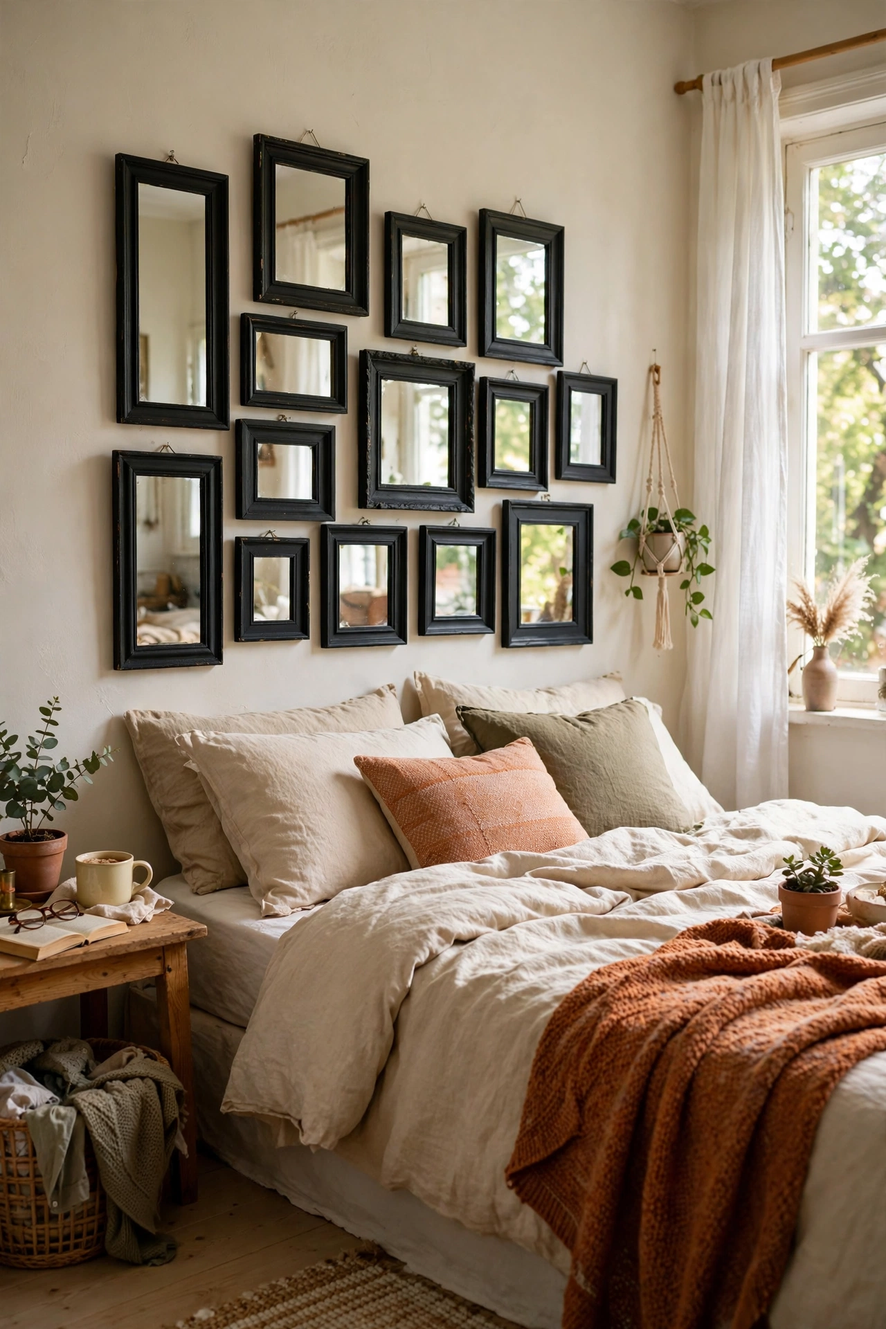 Gallery of mismatched painted frames and small mirrors as a DIY headboard