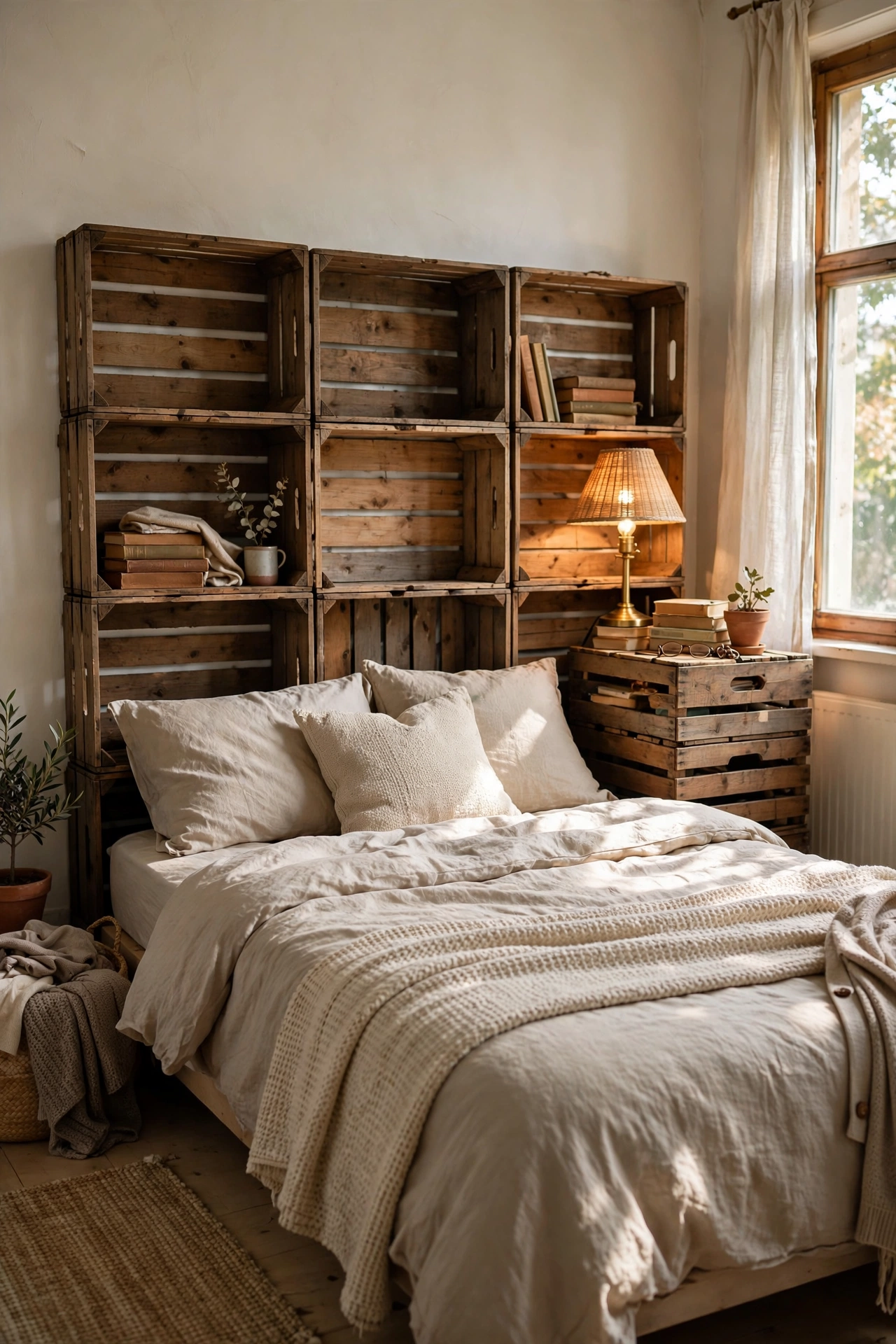 Wooden storage crates stacked as a DIY headboard with bedside shelves