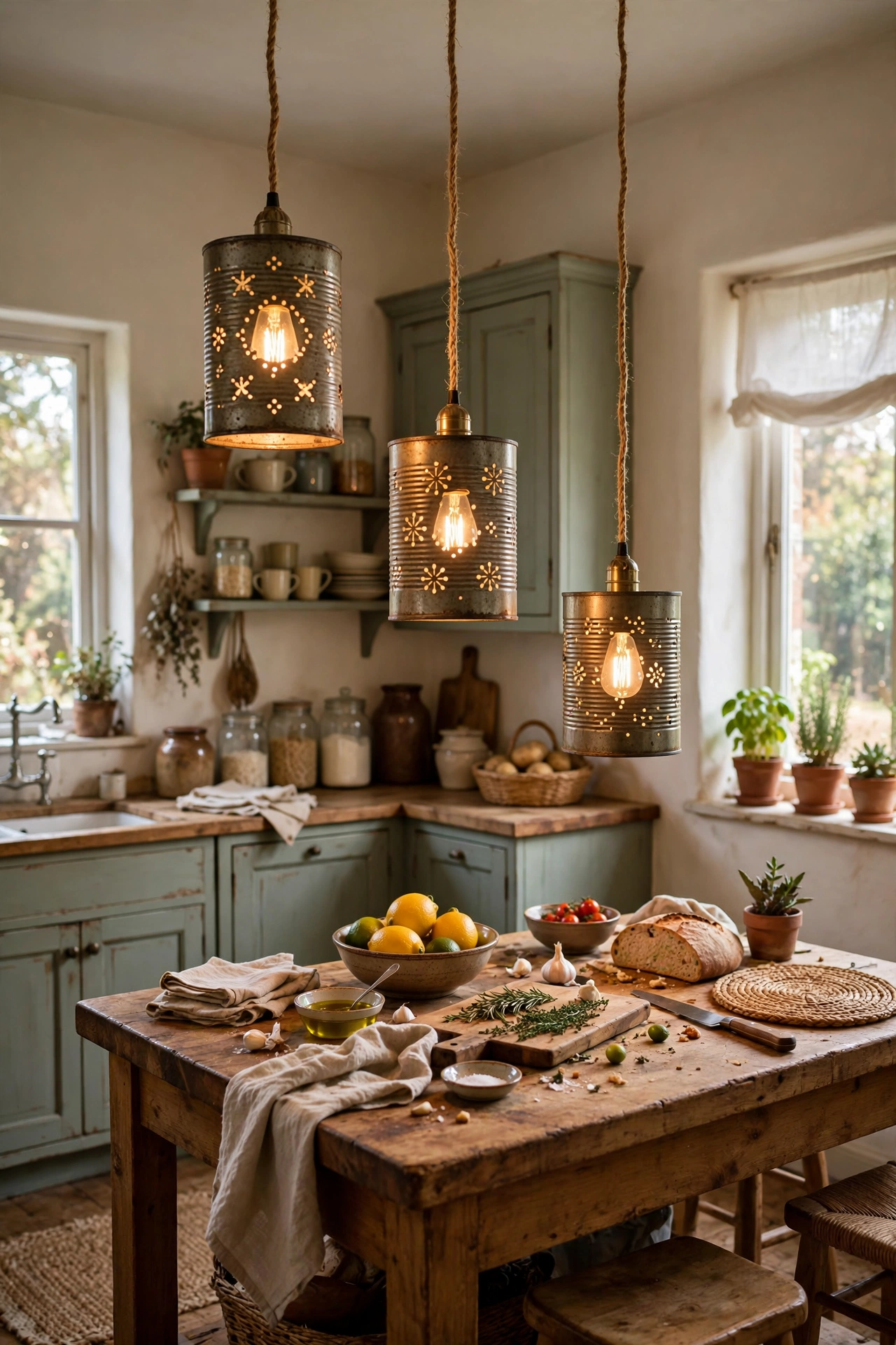 Tin can pendant lights with punched patterns hanging over a kitchen island, an upcycled home decor idea