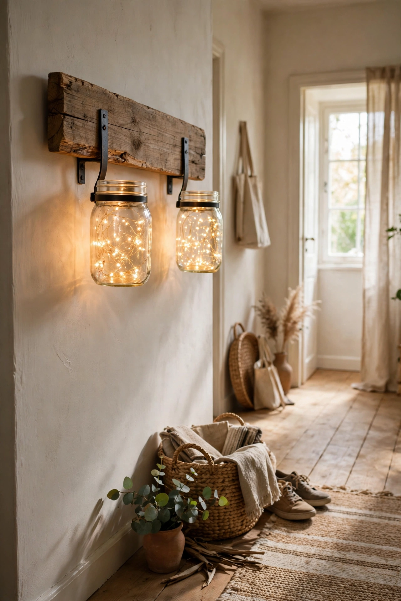 Mason jar wall sconces mounted on a wooden plank, an upcycled home decor idea