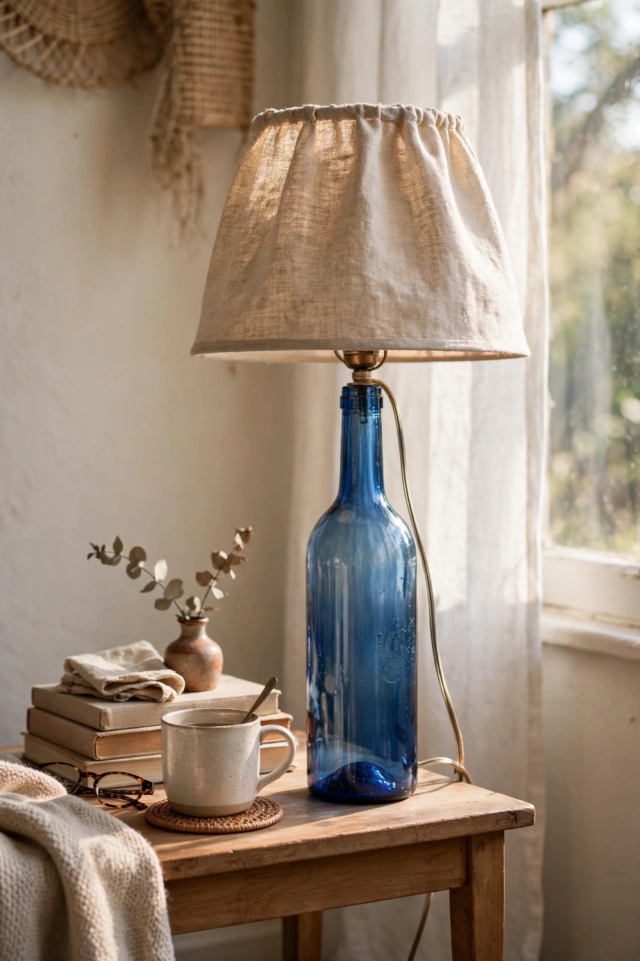 Wine bottle table lamp with a fabric shade, an upcycled home decor idea