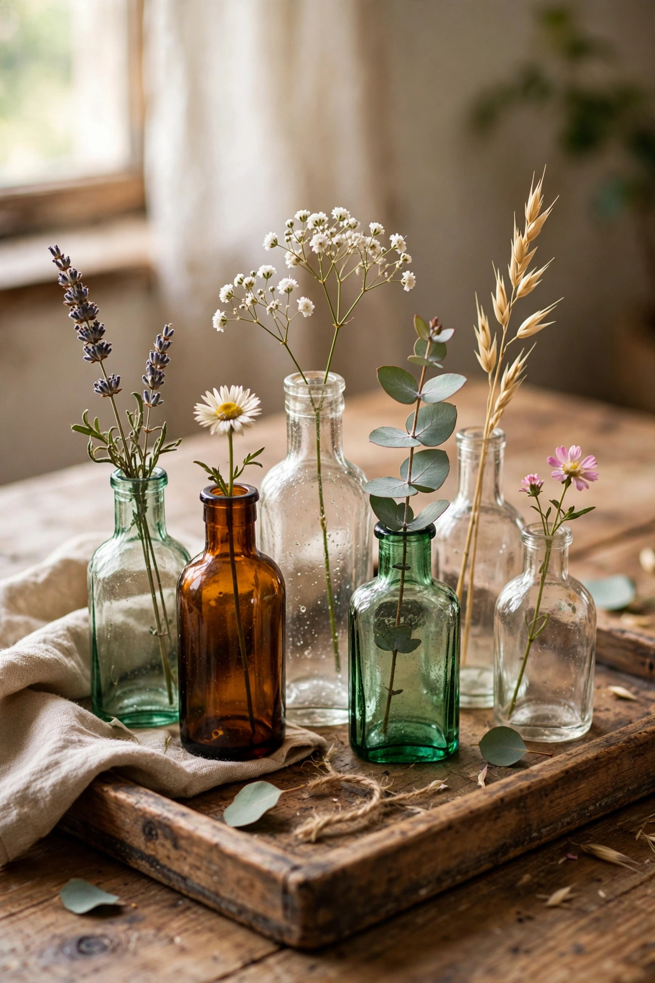 Collection of old bottles used as bud vases on a tray, an upcycled home decor idea