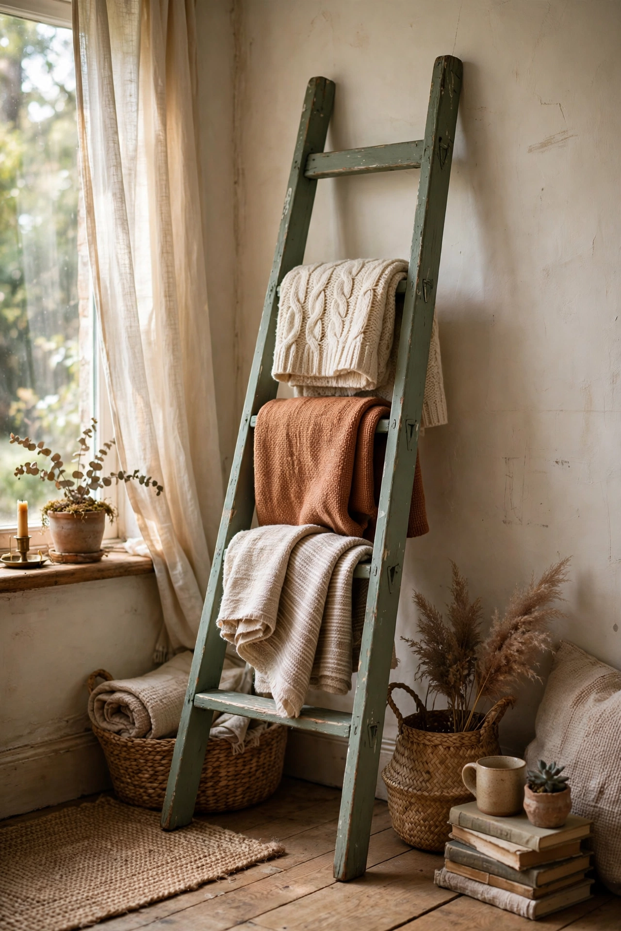 Old wooden ladder painted sage used as a blanket rack, an upcycled home decor idea