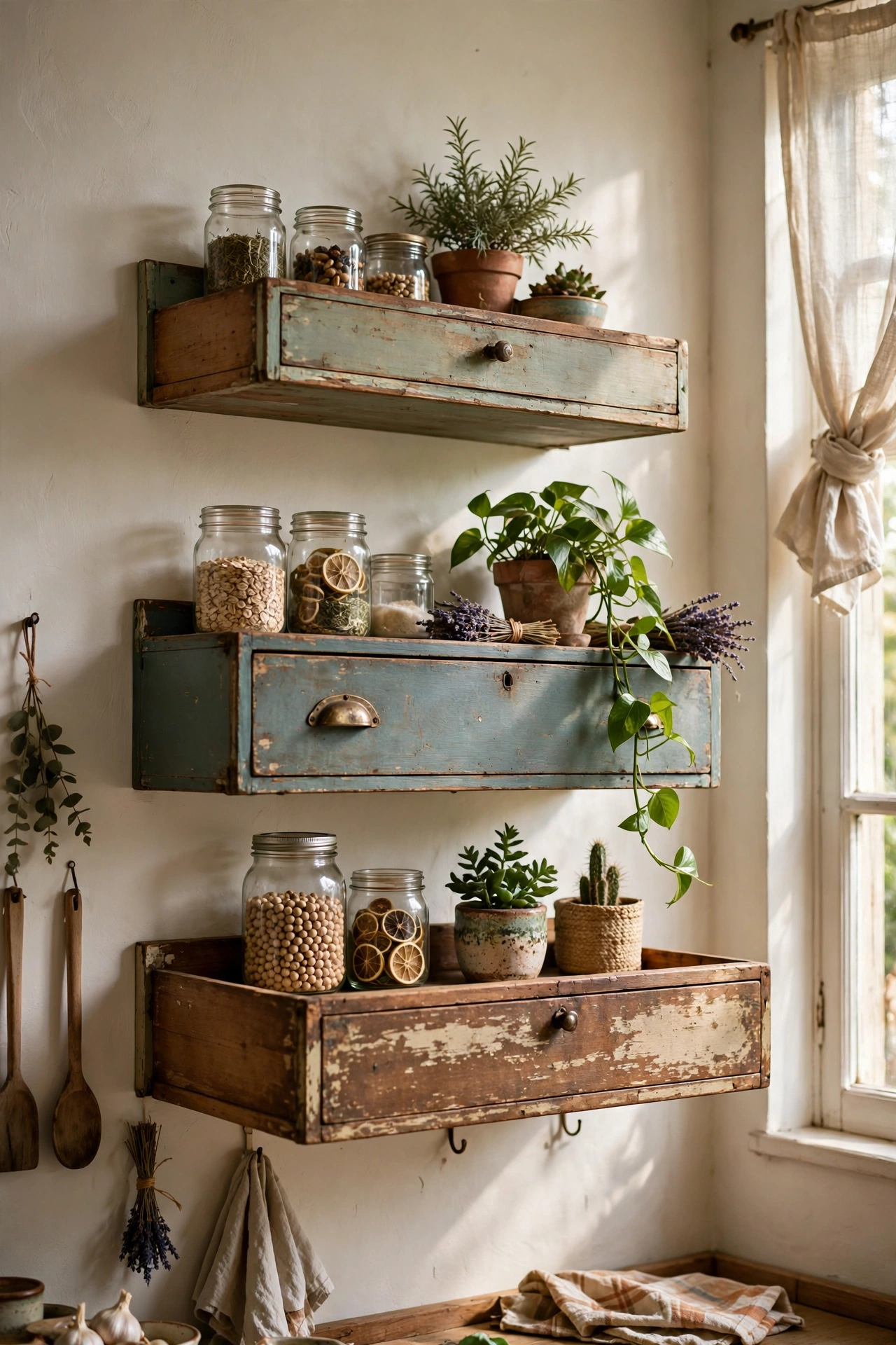 Old dresser drawers mounted as wall shelves, an upcycled home decor idea