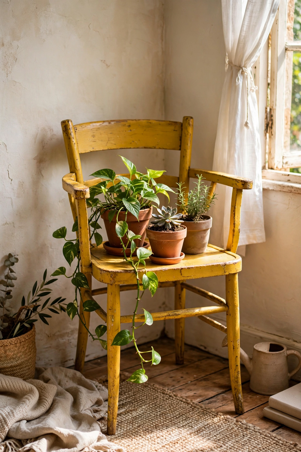 Old wooden chair painted mustard used as a plant stand, an upcycled home decor idea