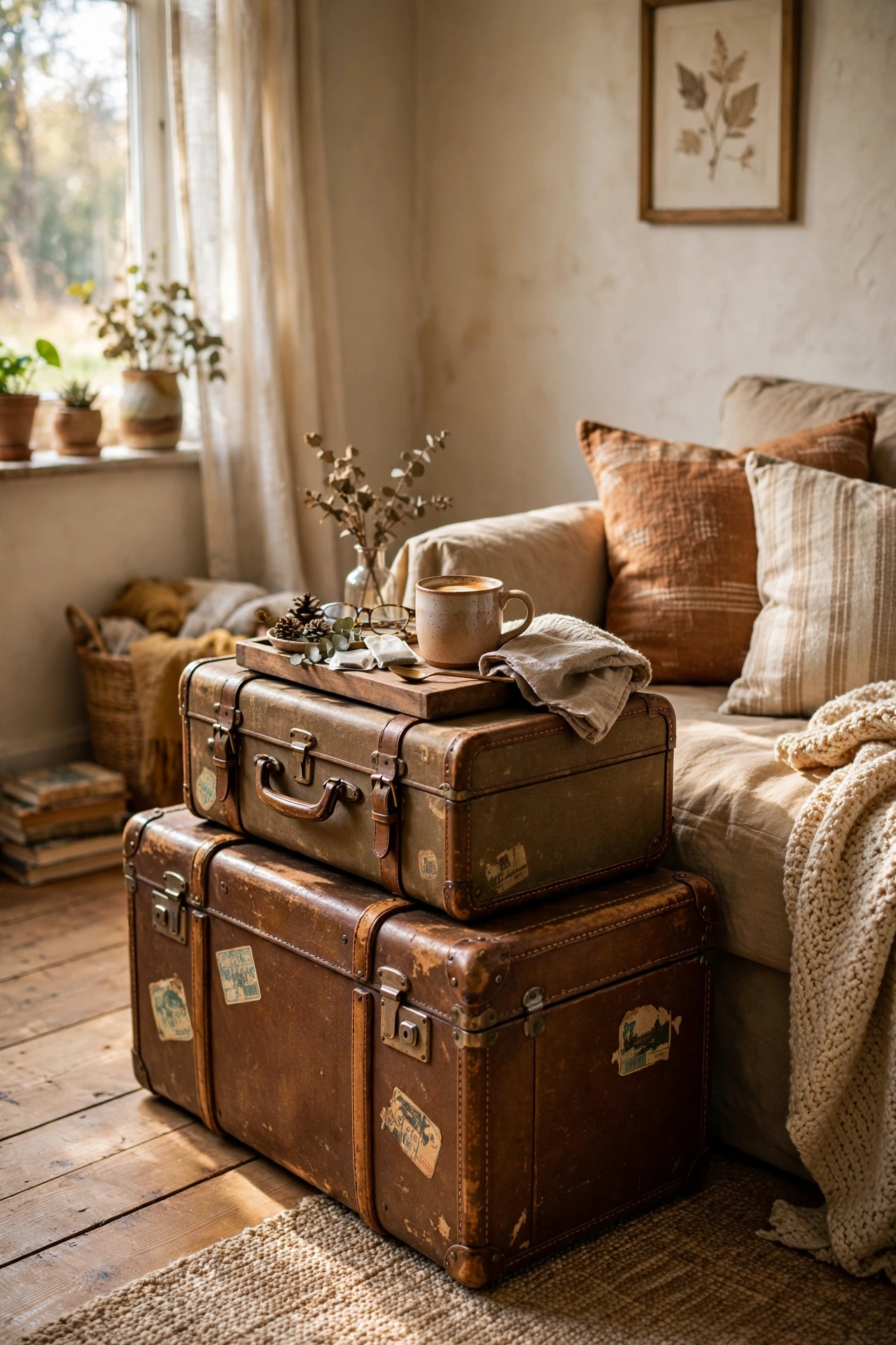 Stack of two vintage suitcases used as a side table, an upcycled home decor idea