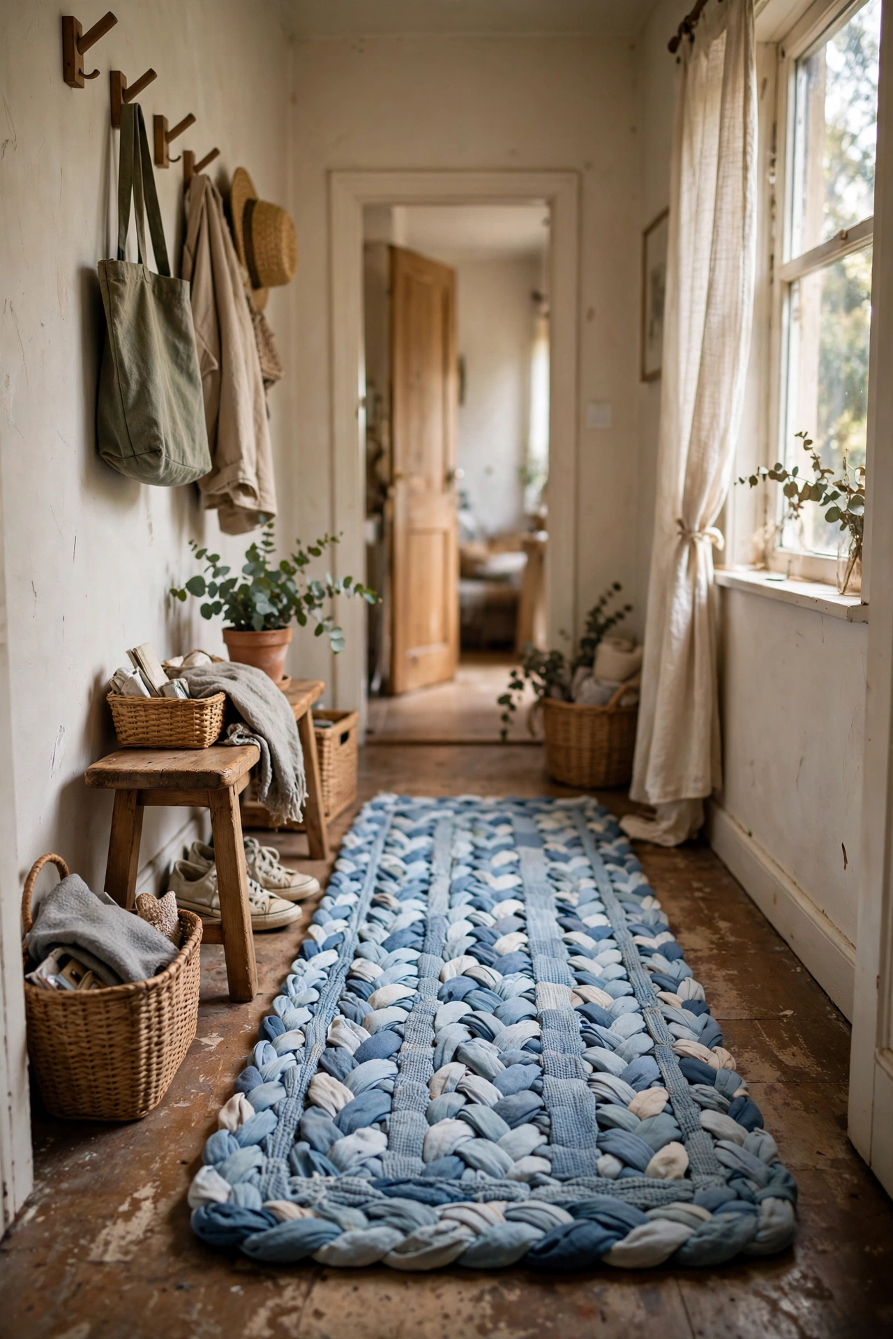 Braided rag rug made from old sheets on a hallway floor, an upcycled home decor idea