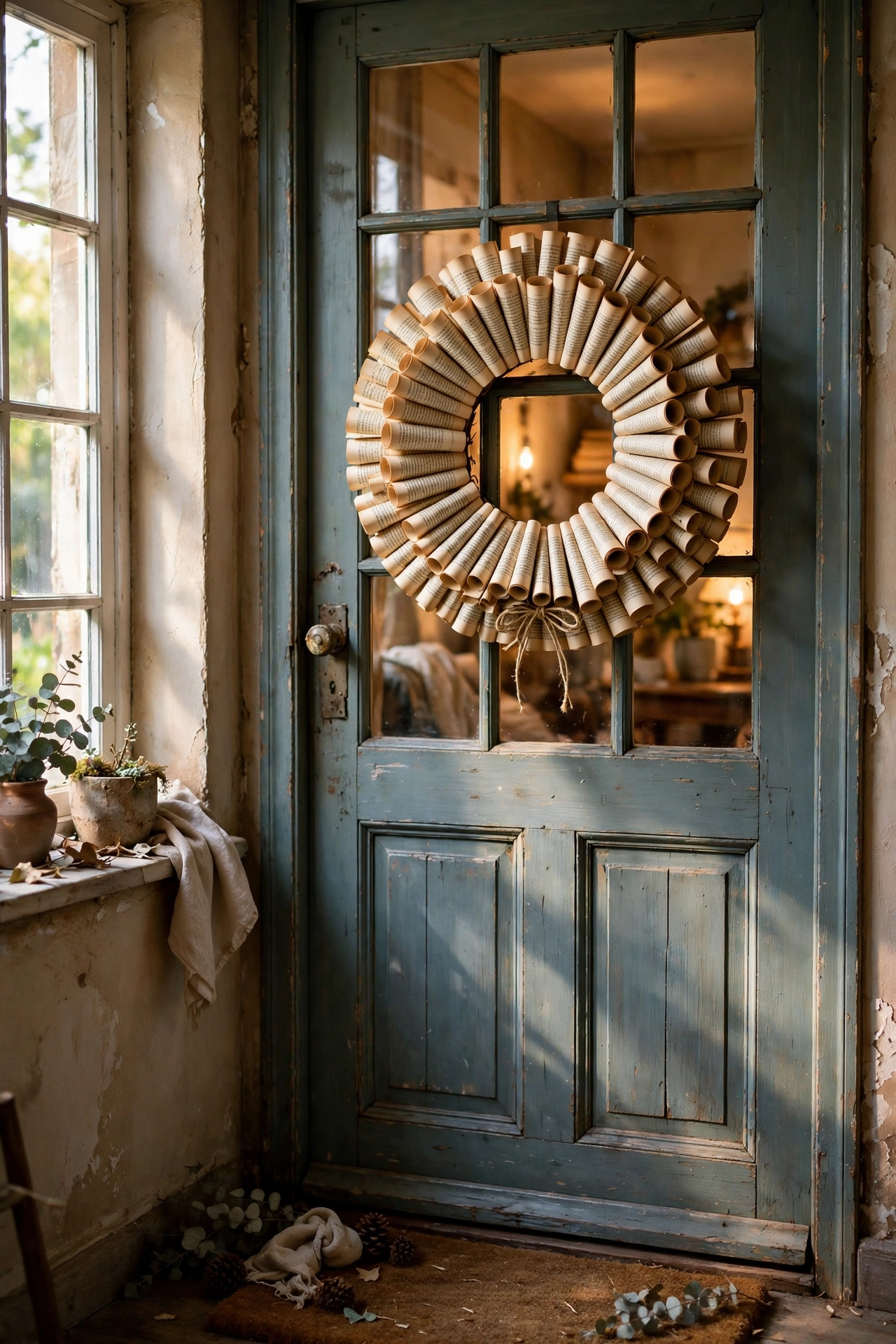 Wreath made from rolled book pages hanging on a door, an upcycled home decor idea
