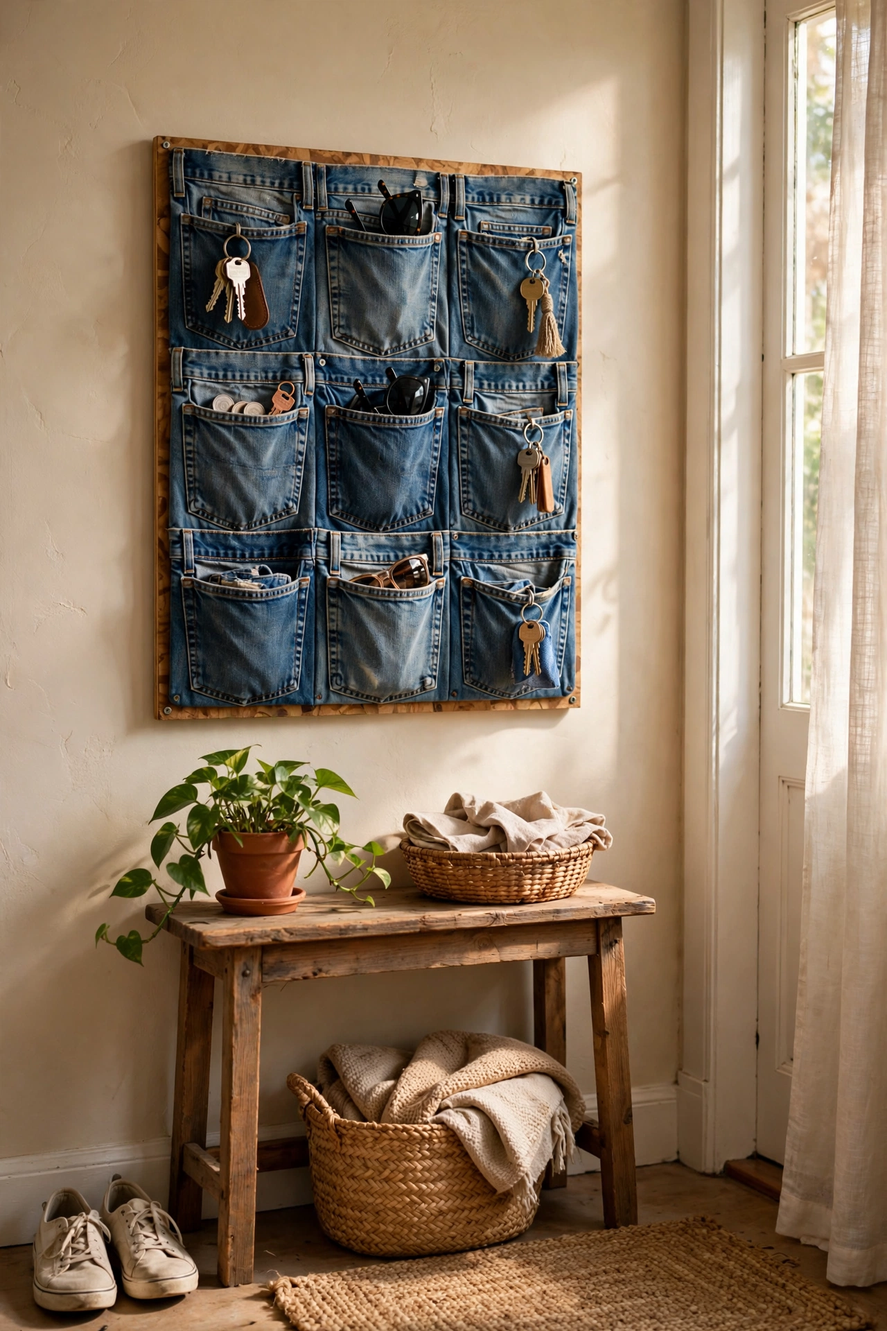 Wall organiser made from denim jeans pockets on a board, an upcycled home decor idea
