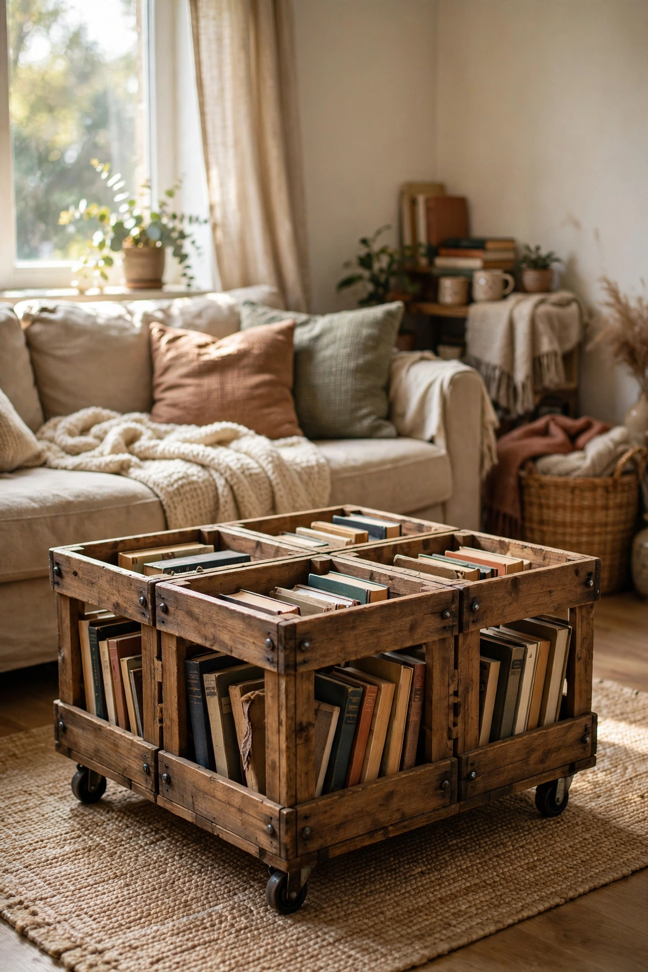 Coffee table made from four bolted wooden crates on castors, an upcycled home decor idea