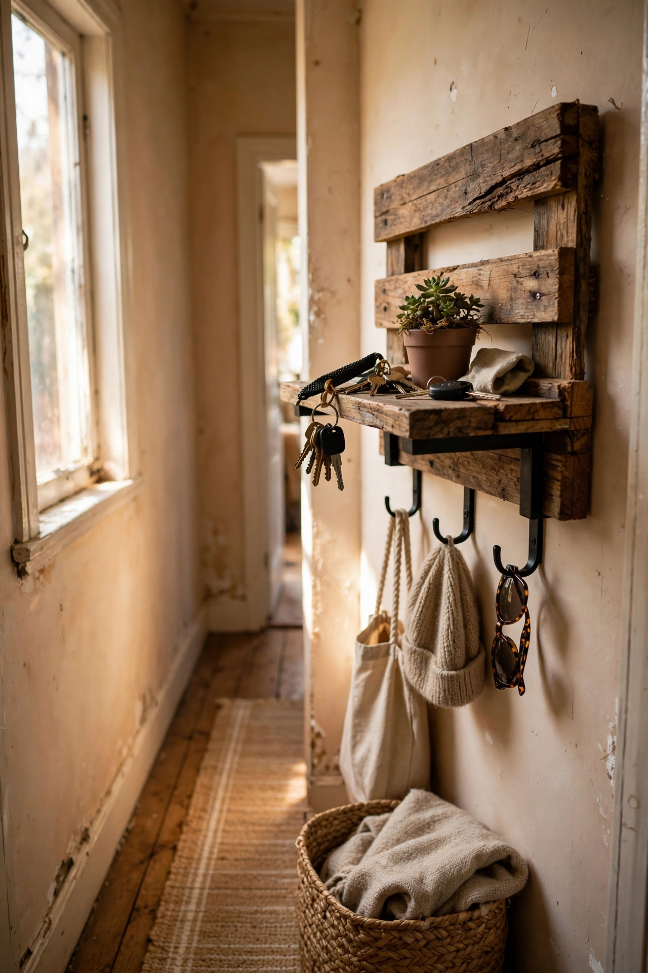 Pallet wood shelf with brackets in a hallway, an upcycled home decor idea