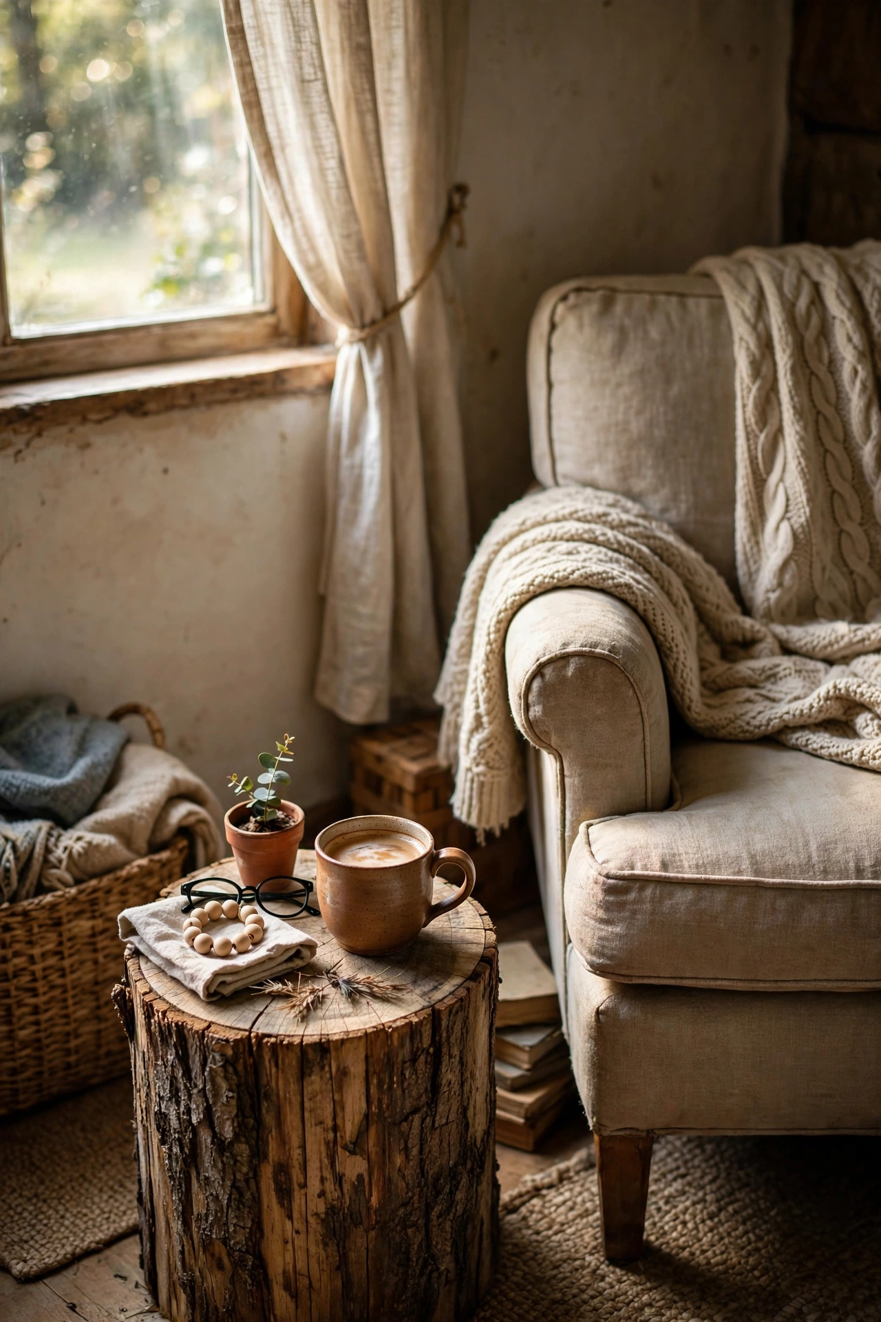 Natural log stump used as a side table beside an armchair, an upcycled home decor idea