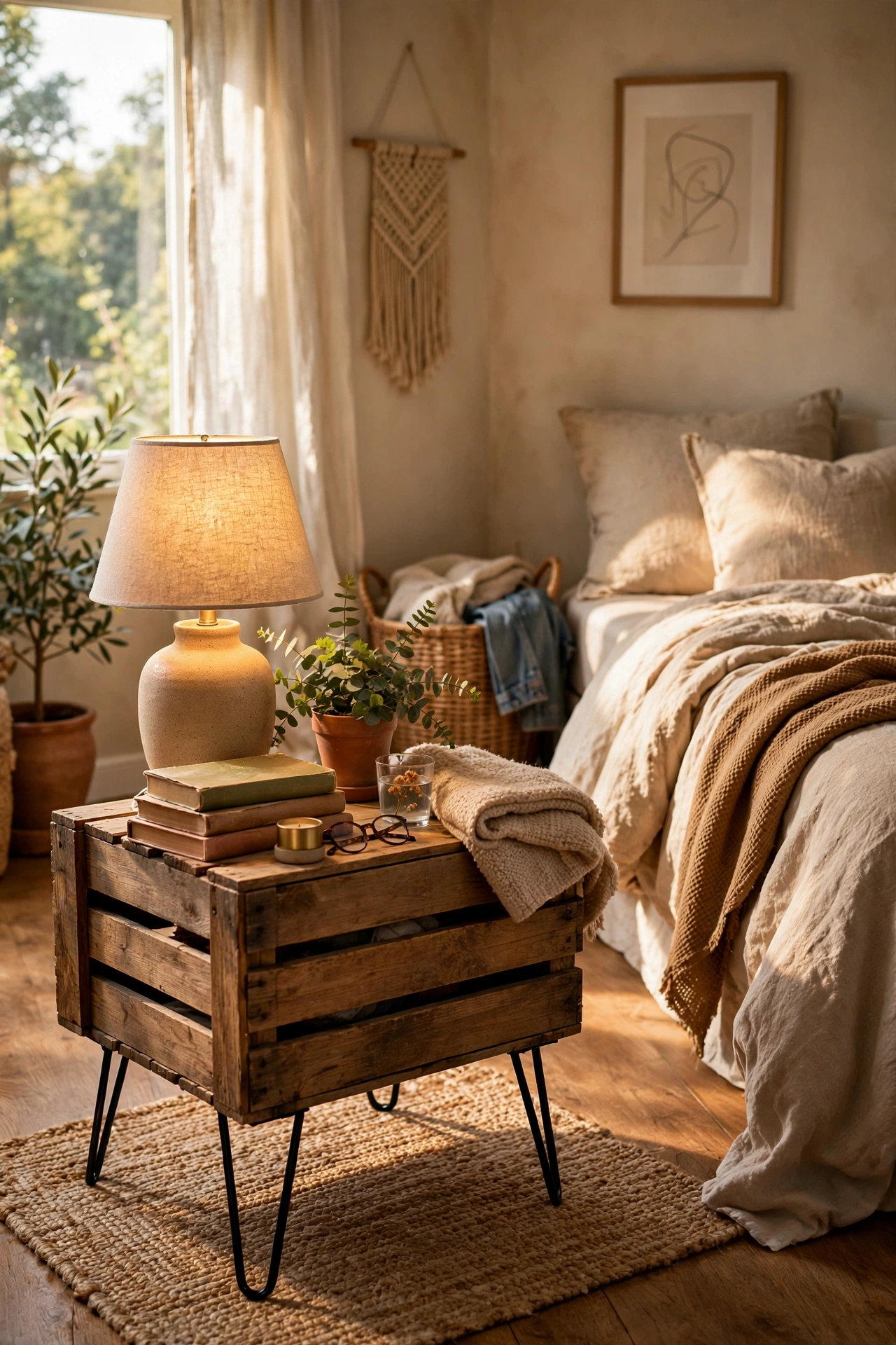 Wooden crate on hairpin legs used as a nightstand, an upcycled home decor idea