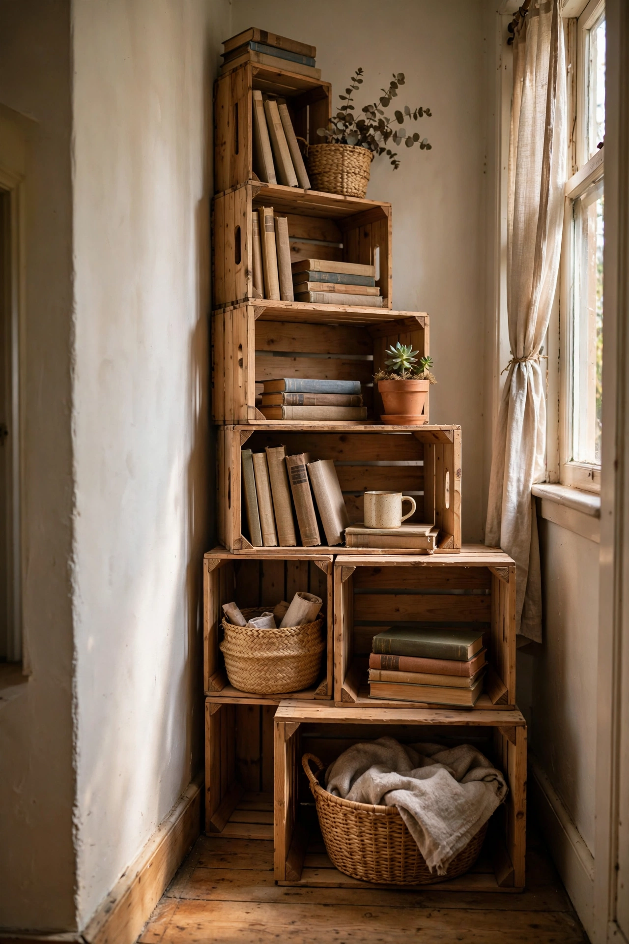 Beginner-friendly DIY shelf tower made from stacked wooden crates in a hallway