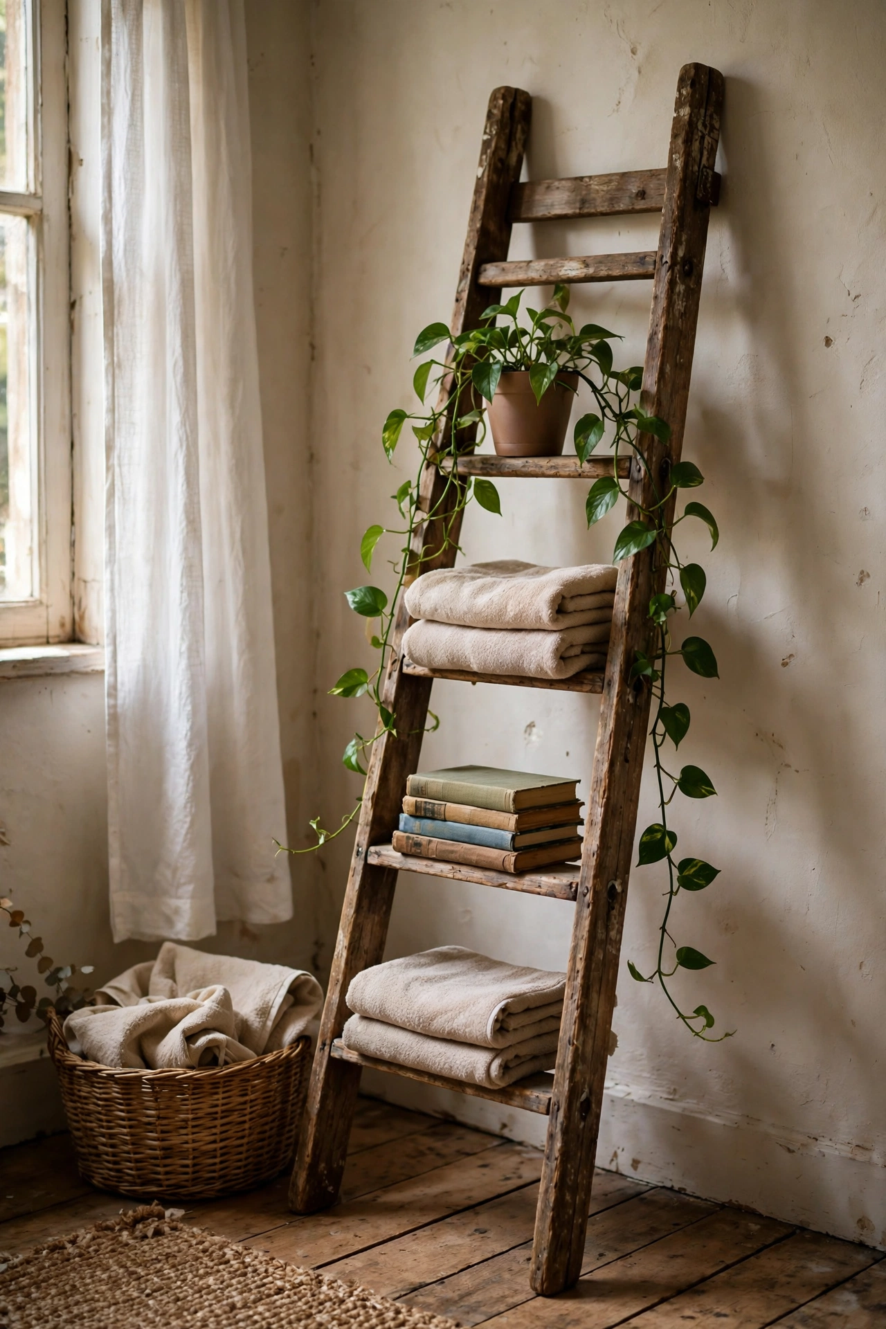Rustic leaning ladder DIY shelf styled with books and a trailing plant